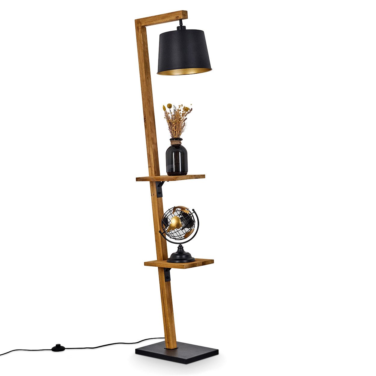 hofstein Stehlampe moderne Stehlampe aus Metall/Holz in Schwarz/Natur/Goldfarben, ohne Leuchtmittel, verstellbarer Schirm, Fußschalter, Ablageflächen, Höhe 164cm, 1x E27