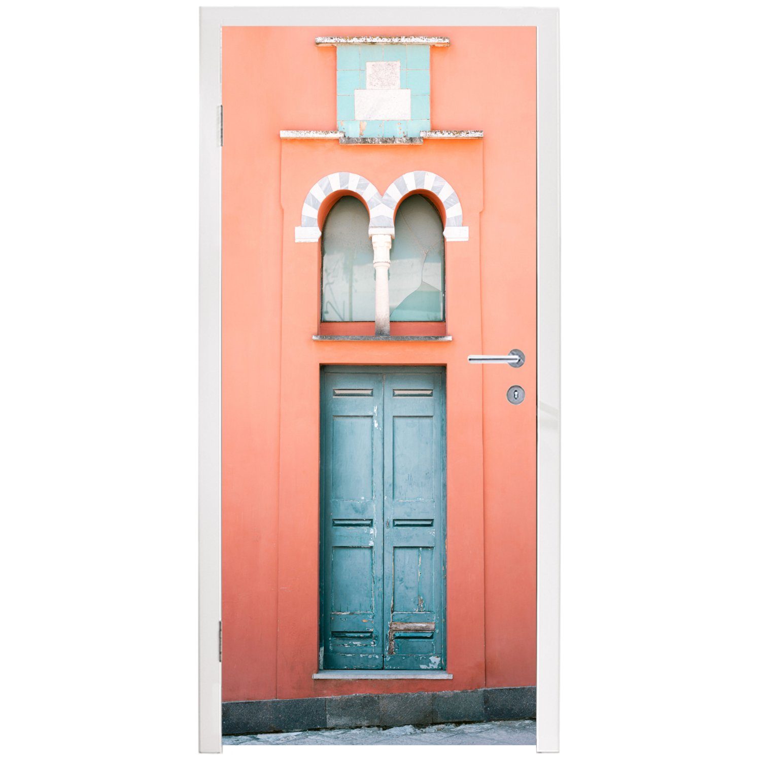 MuchoWow Türtapete Blau Tür, - (1 Architektur 75x205 bedruckt, Tür cm Türaufkleber, - Fototapete für St), - Matt, Rot