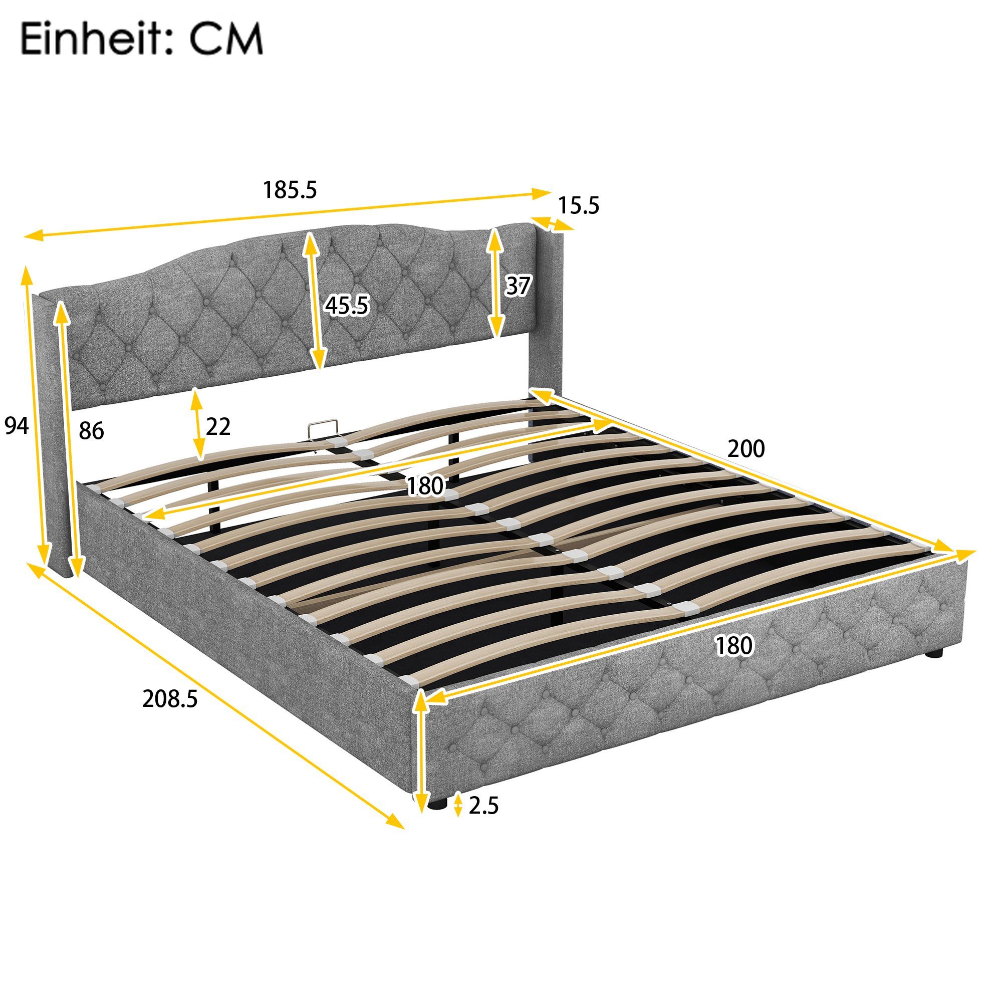 REDOM Flachbett Ohne 180 Lagerung 200cm), Multifunktionales Doppelbett (mit Matratze x Grua Funktionsbett Polsterbett Stauraumbett hydraulischer