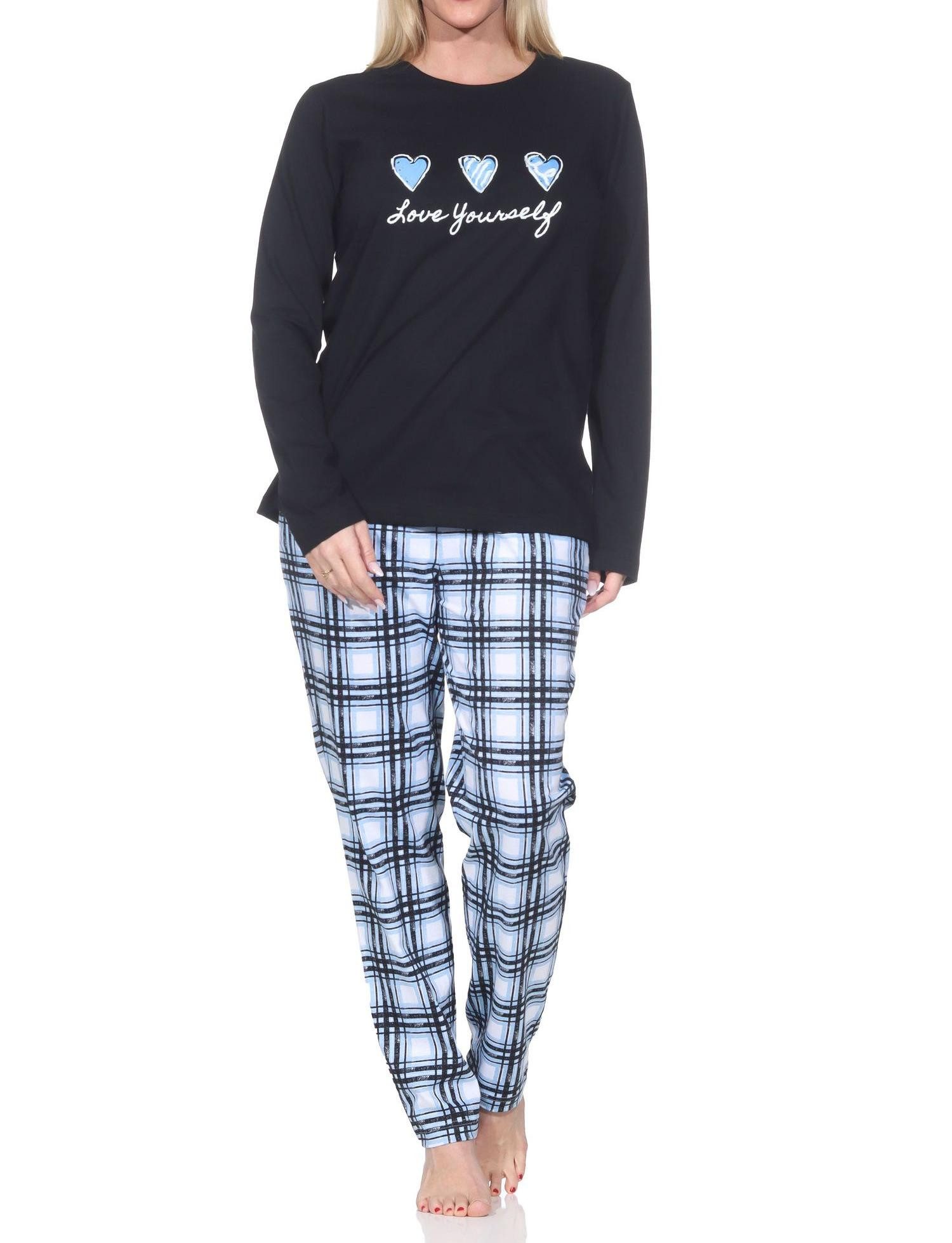 Pyjama Normann Damen Pyjama mit karierter Jersey Hose - auch in Übergrößen