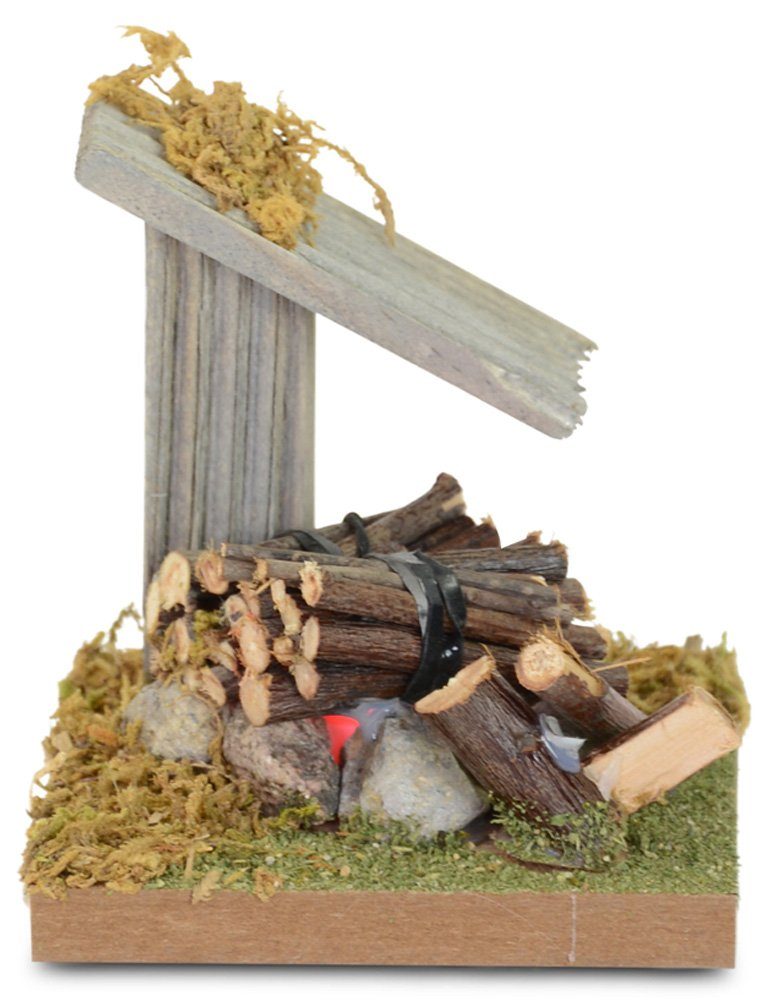 RIFFELMACHER & WEINBERGER Krippen-Zubehör Mini Holz Lagerfeuer mit Vordach und LED - 8,5 cm