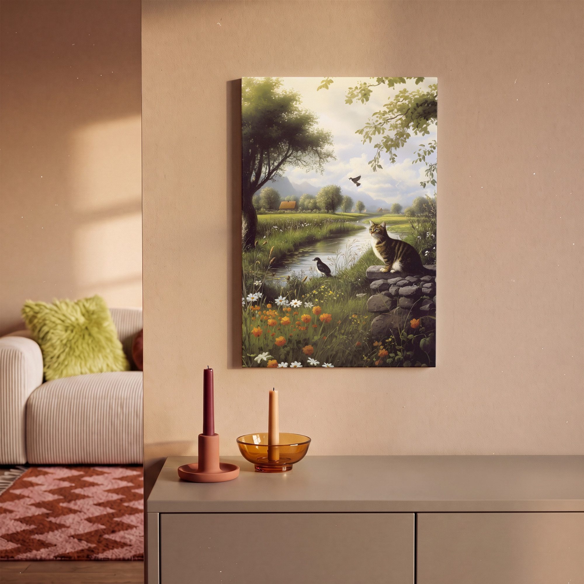 OneMillionCanvasses® Leinwandbild Katze - Bach - Wiese, Fotodruck (1 St), Leinwand Bilder Klein, Wand Dekoration Aesthetic 30x20 cm – Bild 2 von 5