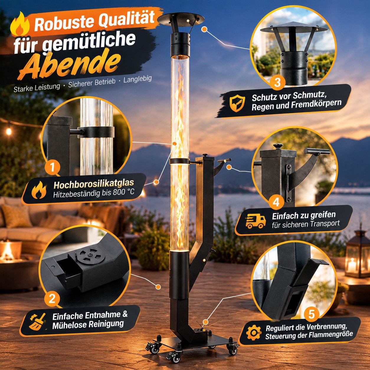 Ledklang Heizstrahler Pelletfackel Glasrohr,167CM,Outdoor Terrassenheizer,Stand, 6000 W, Terrassenfeuer Reinigungsbürste Feuersäule für Garten Brenndauer 2H – Bild 3 von 5