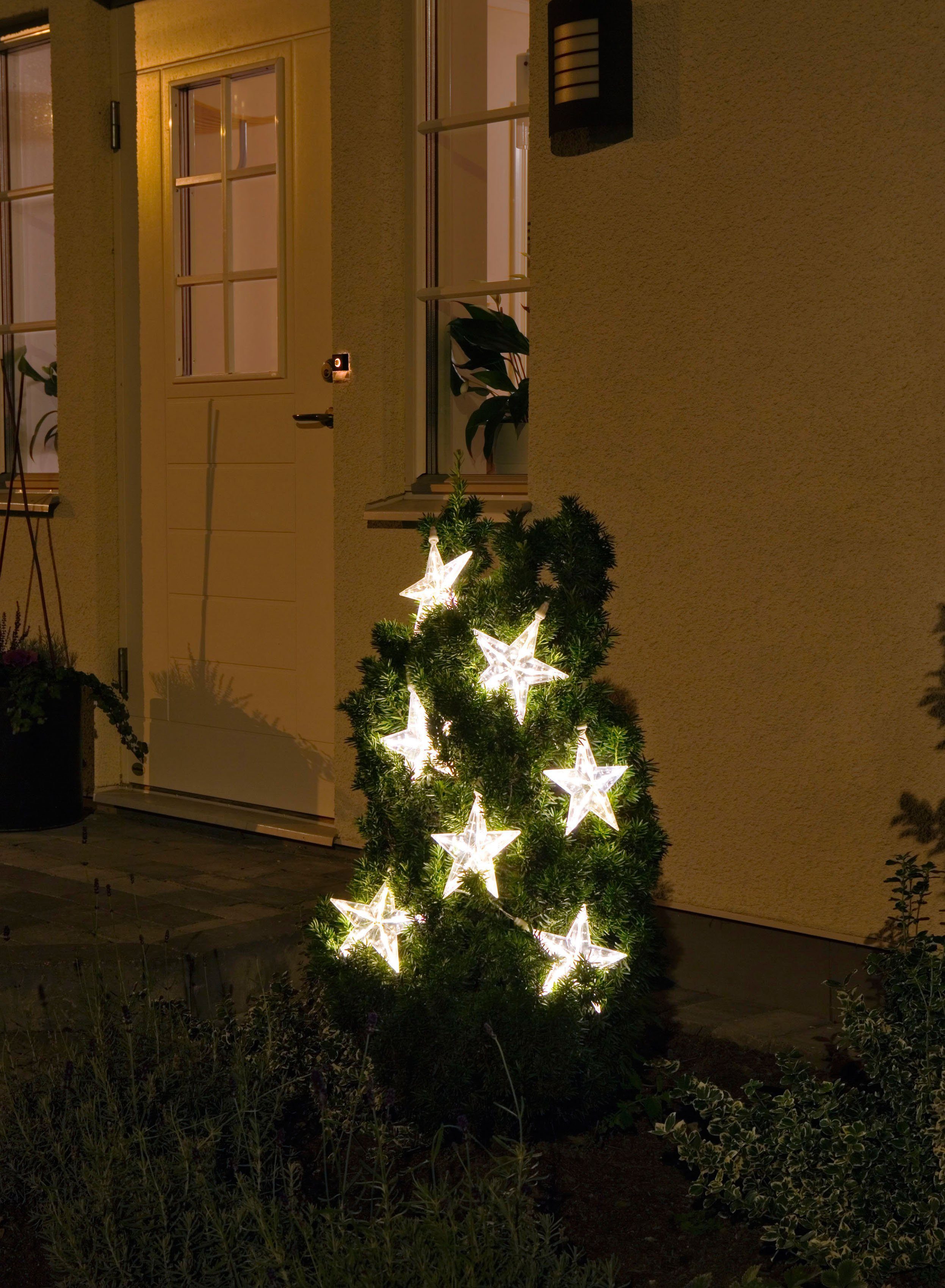 KONSTSMIDE LED-Lichtervorhang Weihnachtsdeko aussen, transparentes Kabel 7 warmweiße 35 Dioden, mit Sternen