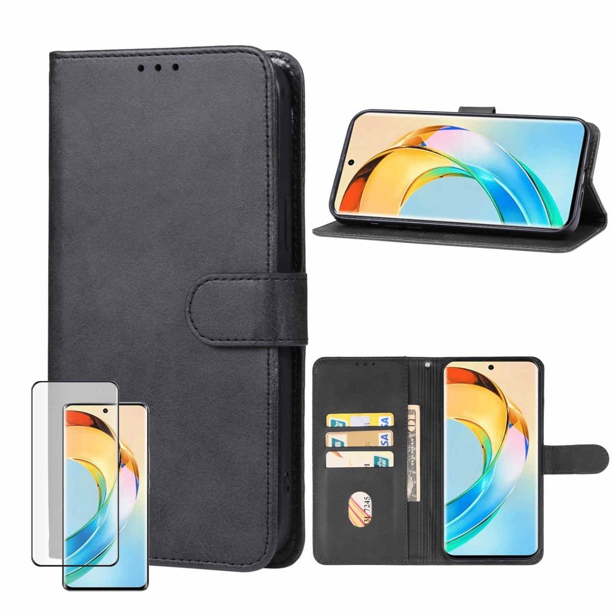 Wigento Smartphone-Hülle Für Honor Magic 6 Lite Book Wallet Handy Tasche Case + 4D Curved Glas