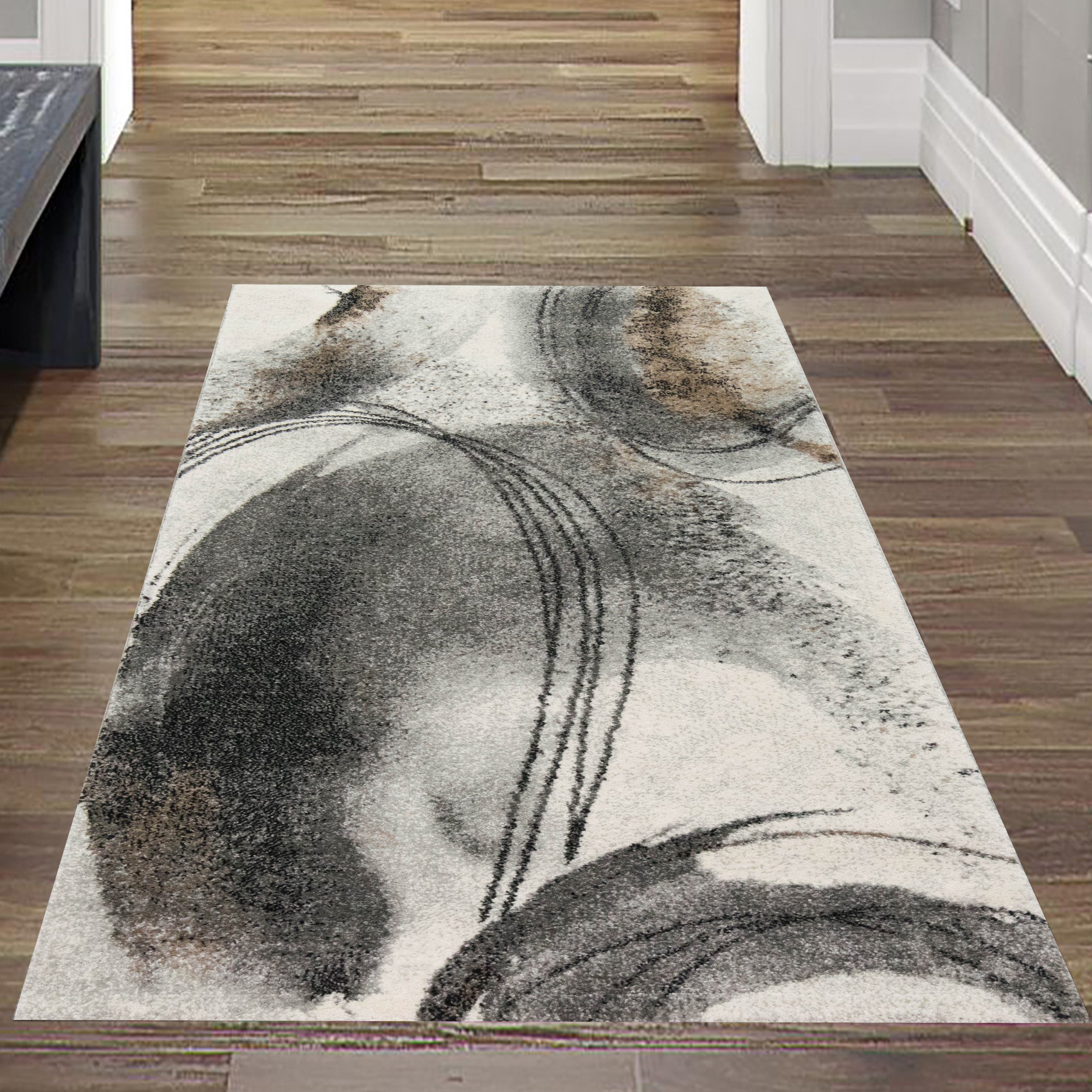 Teppich Modern abstrakter Dielen Teppich mit Kreisformen, creme-grau,  Teppich-Traum, rechteckig, Höhe: 13 mm