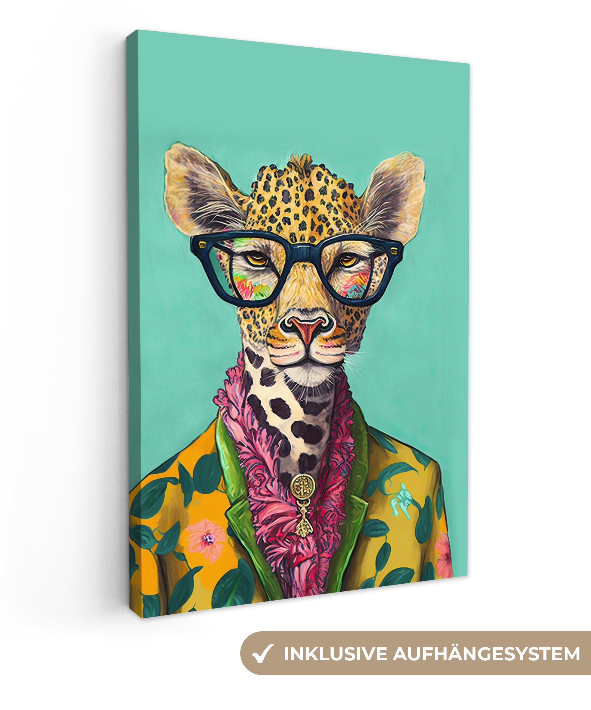 OneMillionCanvasses® Leinwandbild Blätter - Brille - Giraffe - Tiere - Design, Fotodruck (1 St), Leinwand Canvas Wandbild, Wanddekoration 20x30 cm