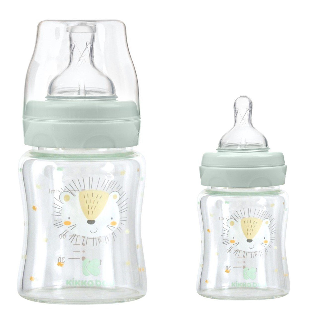 Kikkaboo Babyflasche Baby Glasflasche 120 grün ml, Weithalsöffnung, S, Deckel Silikonsauger Größe