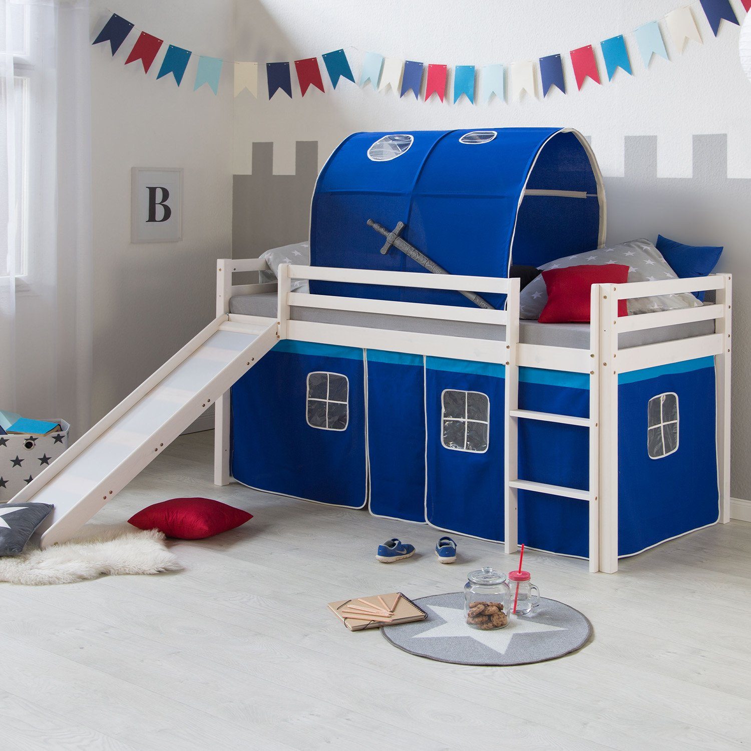 Homestyle4u Hochbett 90x200 mit Vorhang Stockbett Kinderbett Holz Weiß Blau günstig online kaufen