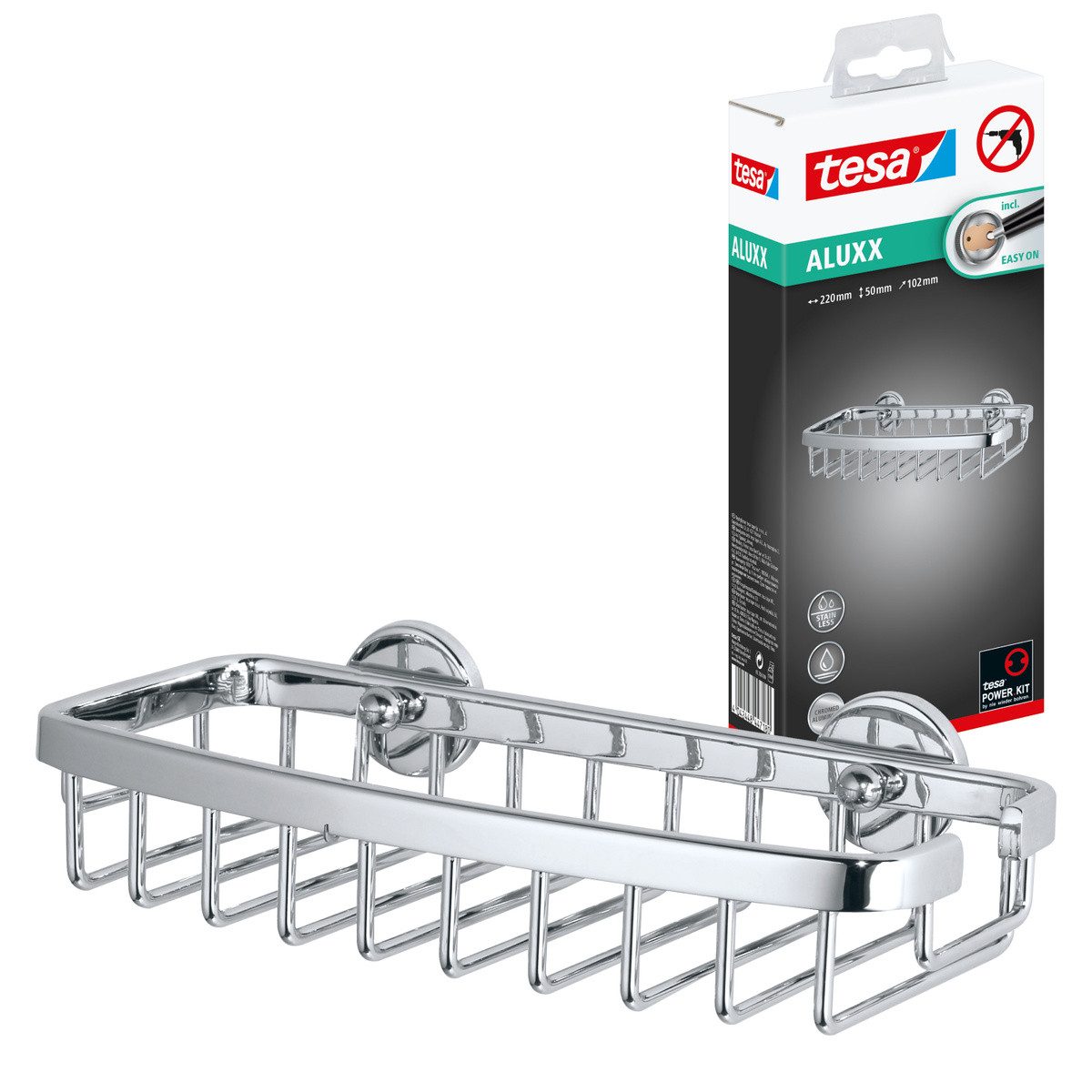 tesa Duschregal Aluxx Duschablagekorb ohne Bohren - 5,0x22,0x10,2 cm, 1-tlg., selbstklebendes Hängeregal für die Dusche - chrom - silber glänzend