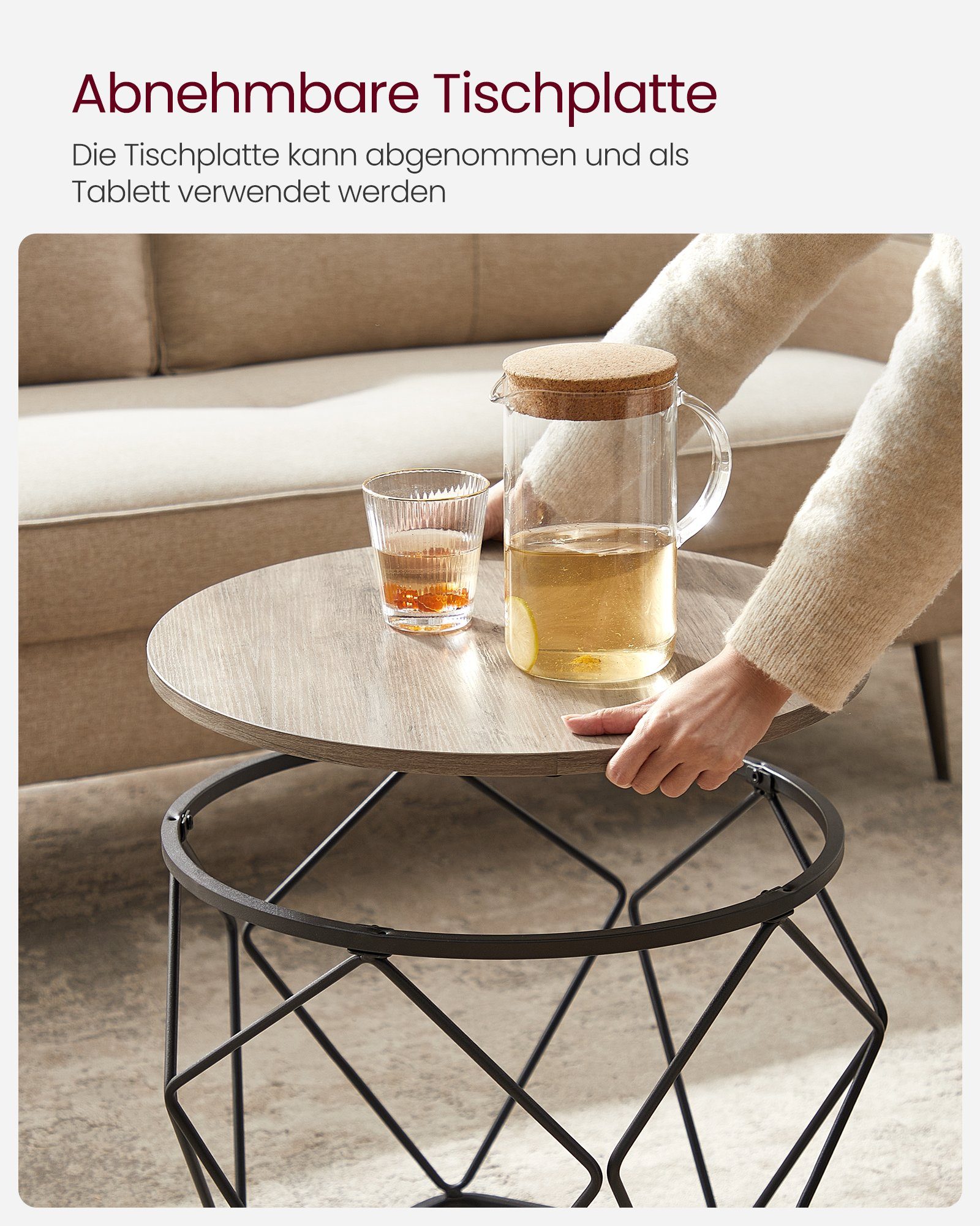 VASAGLE Couchtisch 2er Set Wohnzimmertisch abnehmbare Tischplatte (2er Set, inkl. Zubehörpaket & Anleitung, Holz), Beistelltisch, abnehmbare Tischplatte, Ø50x40 – Bild 5 von 5