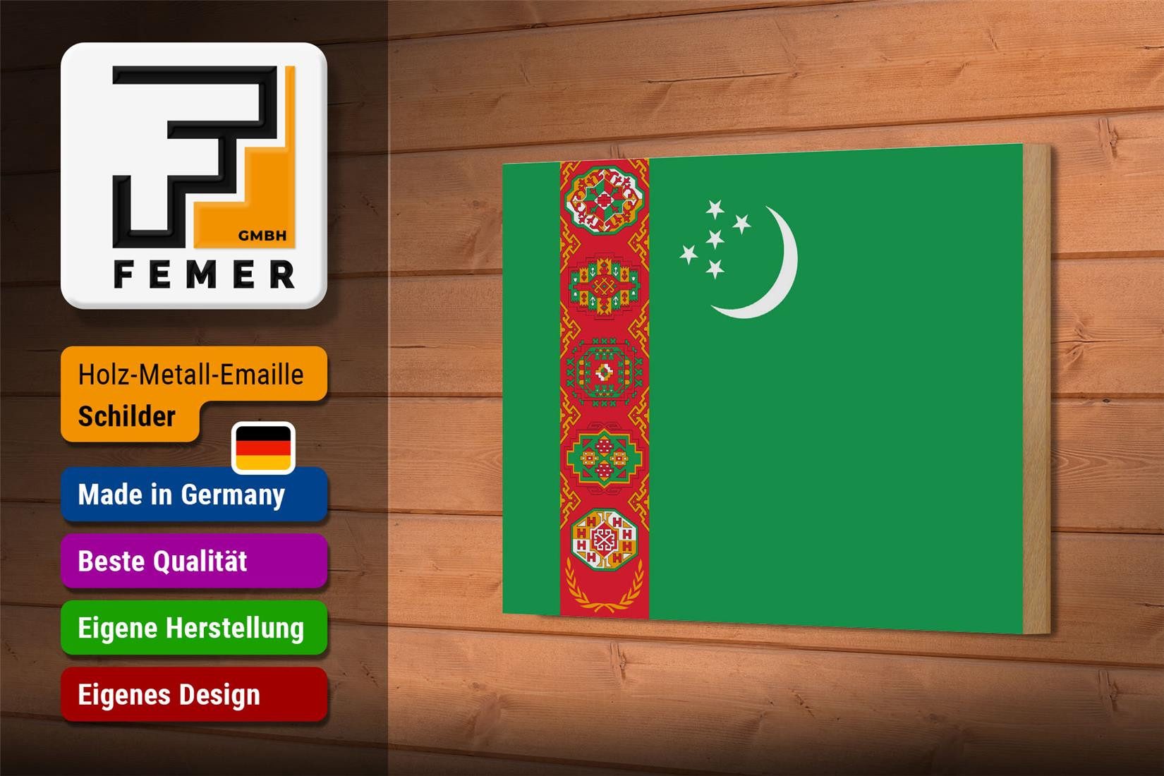 Femer GmbH Holzbild Flagge Turkmenistans 18x12 cm Flag Turkmenistan, Flaggen (1 St), Glatte Holzfaserplatte (MDF), vorn beschichtet
