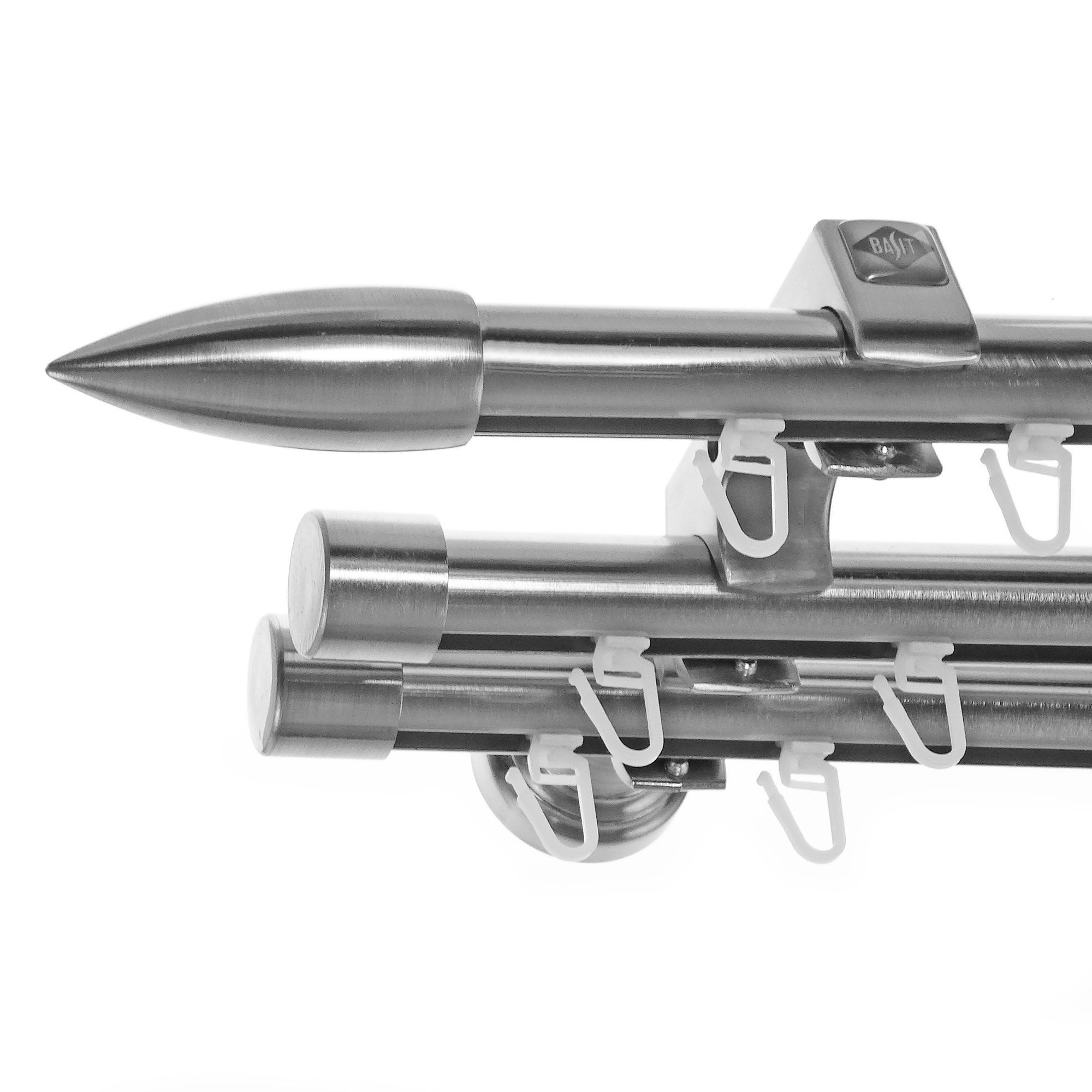 BASIT Gardinenstange Innenlauf Edelstahloptik 20mm mit Wandträgern 140 cm E82, Ø 20 mm, 3-läufig, verschraubt, Metall, H60III 140 cm E82 Spitze