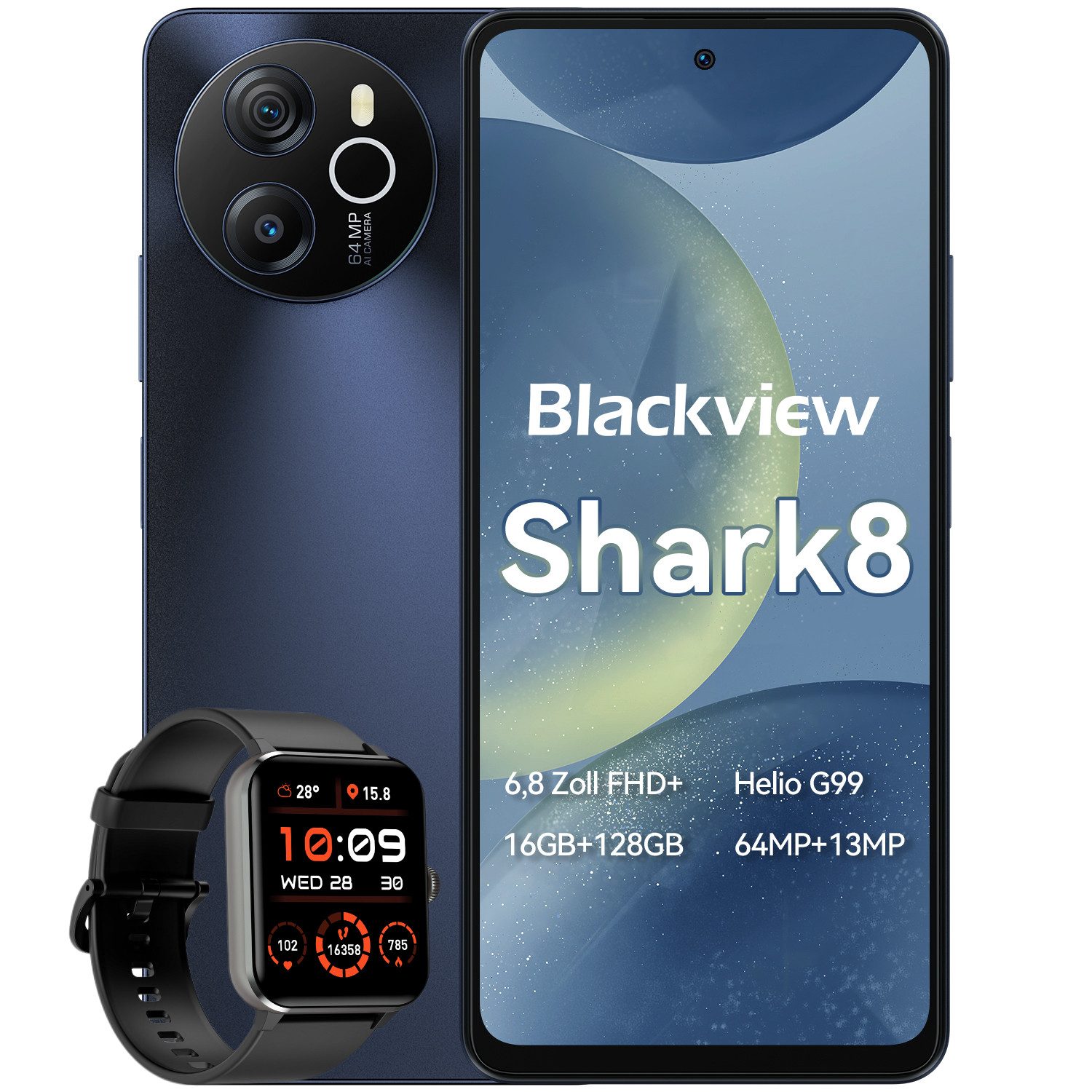 blackview Shark8(8+256) incl. Z30 smartwatch Handy (6.8 Zoll, 256 GB Speicherplatz, 64 MP Kamera, 2.4K Display, Dual 4G, NFC/Face ID)