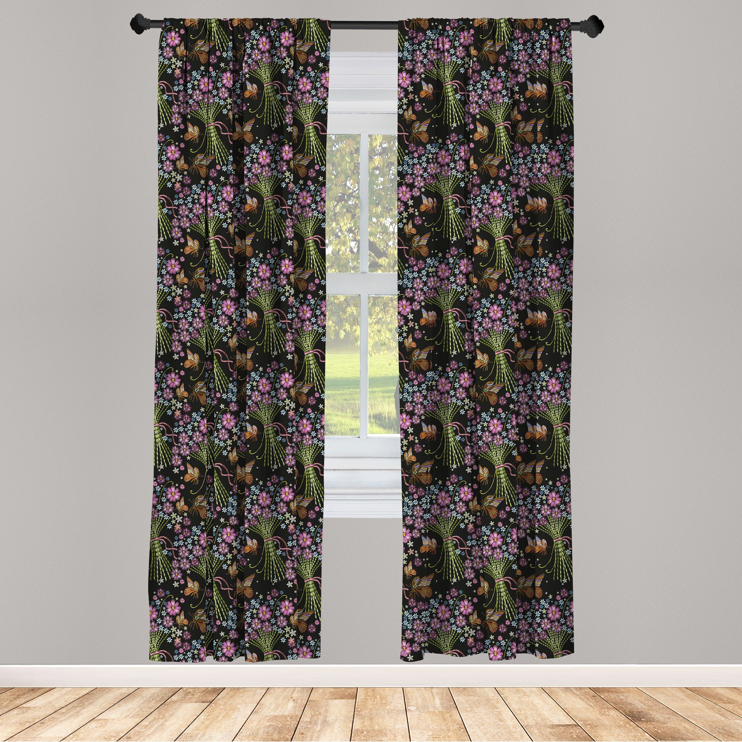Gardine Vorhang für Wohnzimmer Schlafzimmer Dekor, Abakuhaus, Microfaser, Jahrgang Blumenstrauß und Schmetterlinge | Fertiggardinen