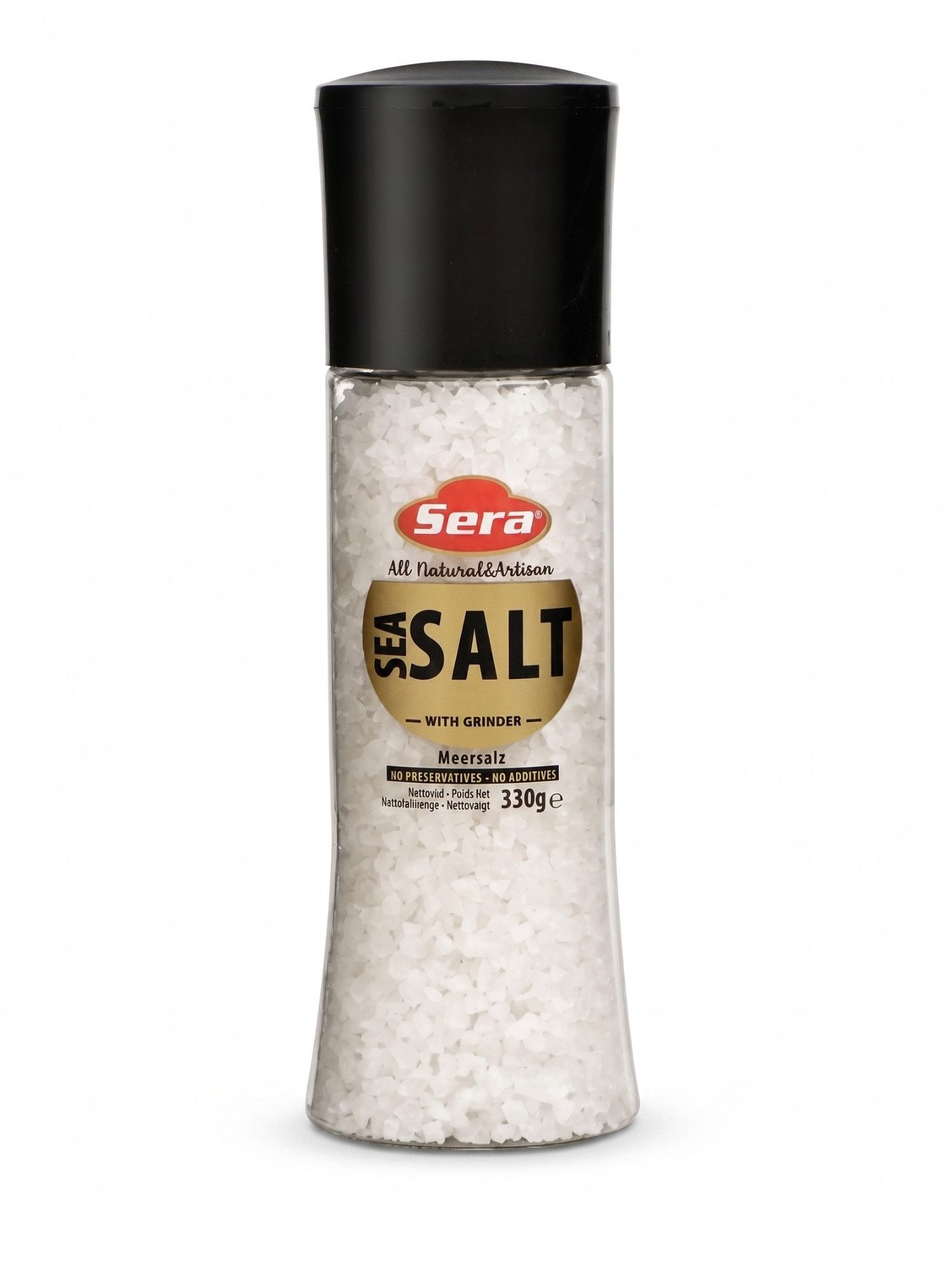 SERA FOOD Gewürz Sera Meersalz mit Mühle, 1 x 1 St. (Packung, 1), Naturbelassen, ohne Zusätze, grobkörnig, Glasflasche mit Mahlaufsatz