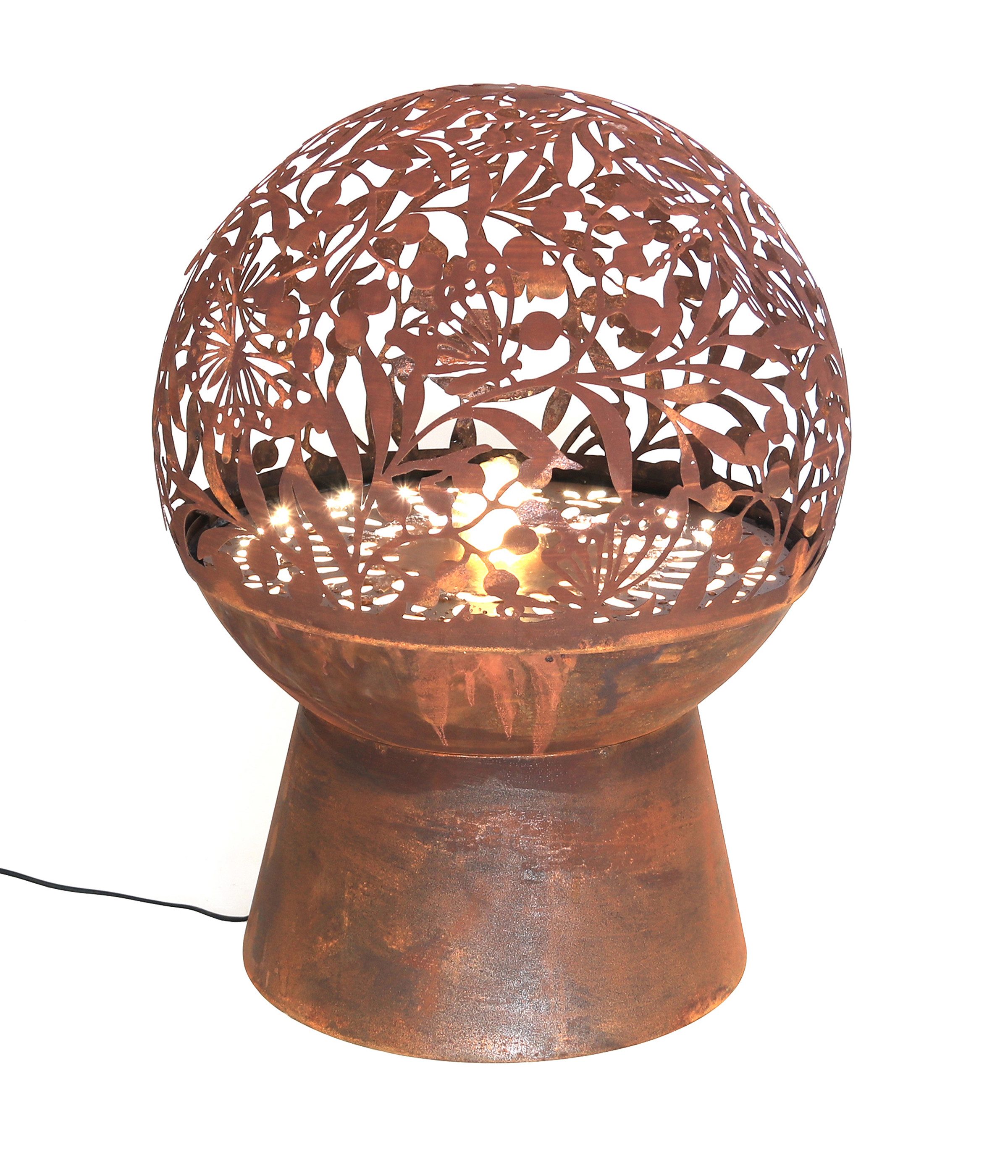 Dehner Gartenbrunnen Floral, frostbeständig, Höhe 66 cm, Ø 50 cm, Cortenstahl, Komplett-Set mit warmweißer LED Beleuchtung / Pumpe / Trafo