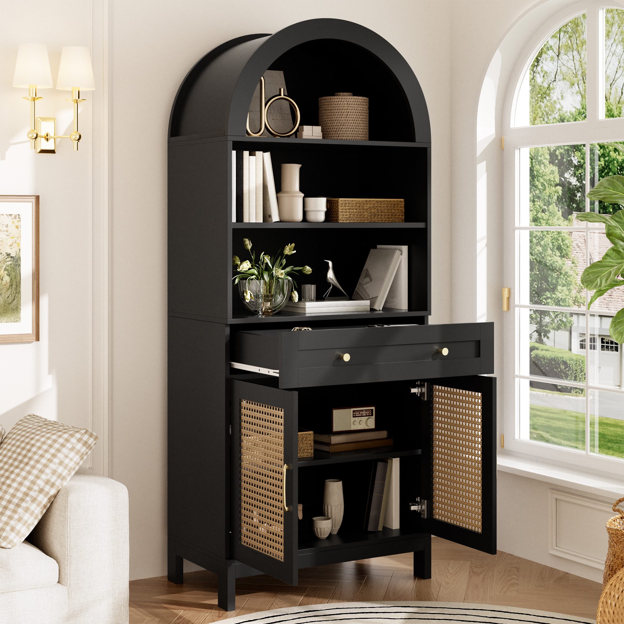 Flieks Hochschrank mit Rattan-Doppeltüren, 1 großer Schublade, 3 offener Fächern (gewölbter Aufbewahrungsschrank in Landhausstil, 1-St., B70/T40/H170 cm) multifunktional Mehrzweckschrank Vitrine mit veratellbarer Ablagen