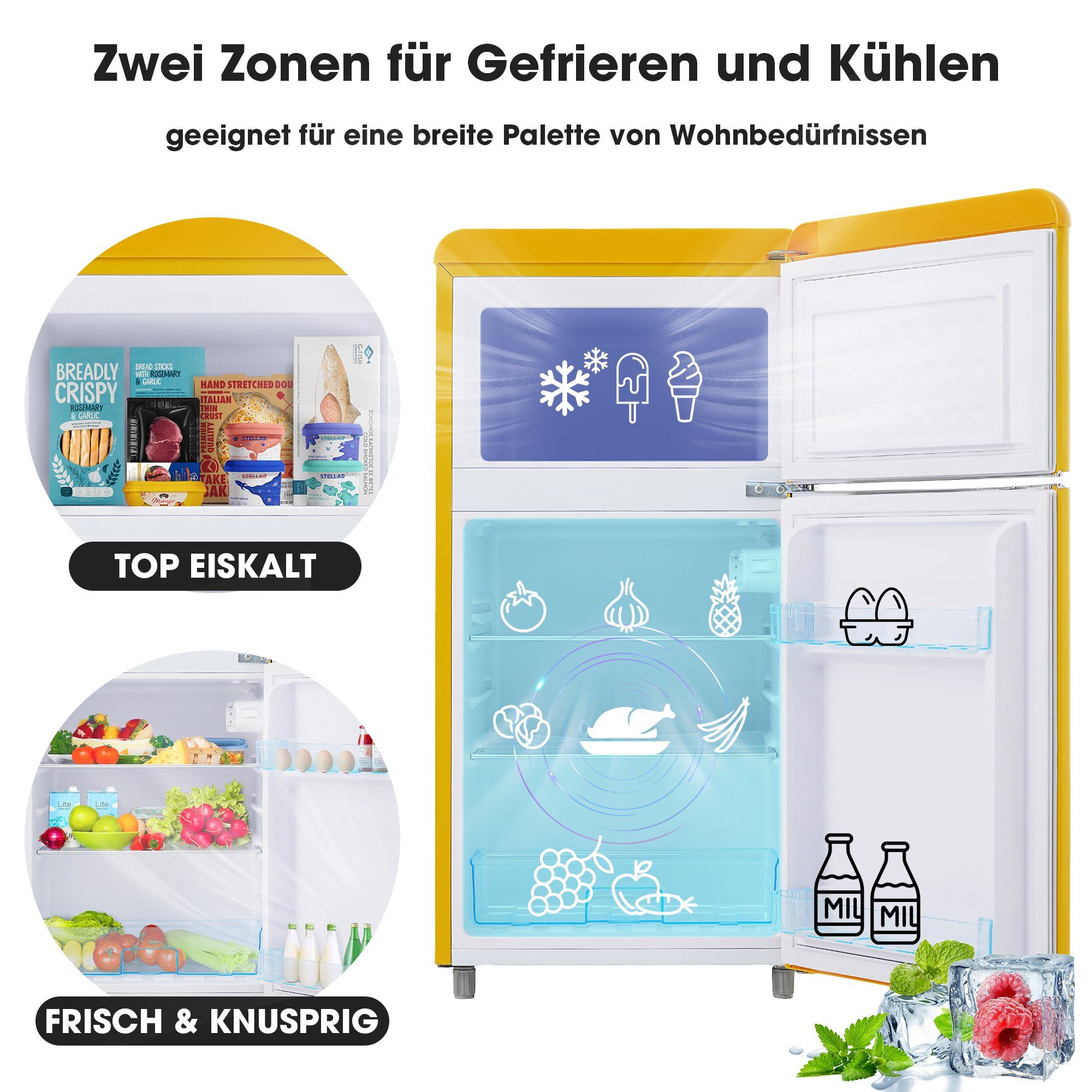 Merax Table Top Kühlschrank Retro Kühl-/Gefrierkombination BCD-100C, 91 cm hoch, 45 cm breit, 72 Liter, Metall Türgriff, verstellebare Ablage und Füße