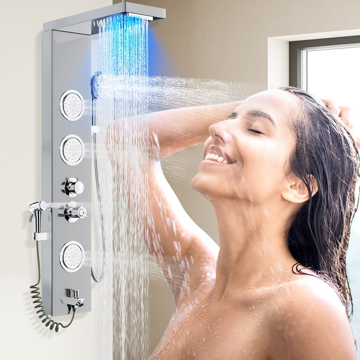MULISOFT Duschsystem 6in1 Armatur Duschsäule Duschpaneel Massagestrahlen, Strahlart(en), Handbrause, 6 Wasserfall mit Edelstahl mit Duschkopf, Regenfall 3 Wanneneinlauf