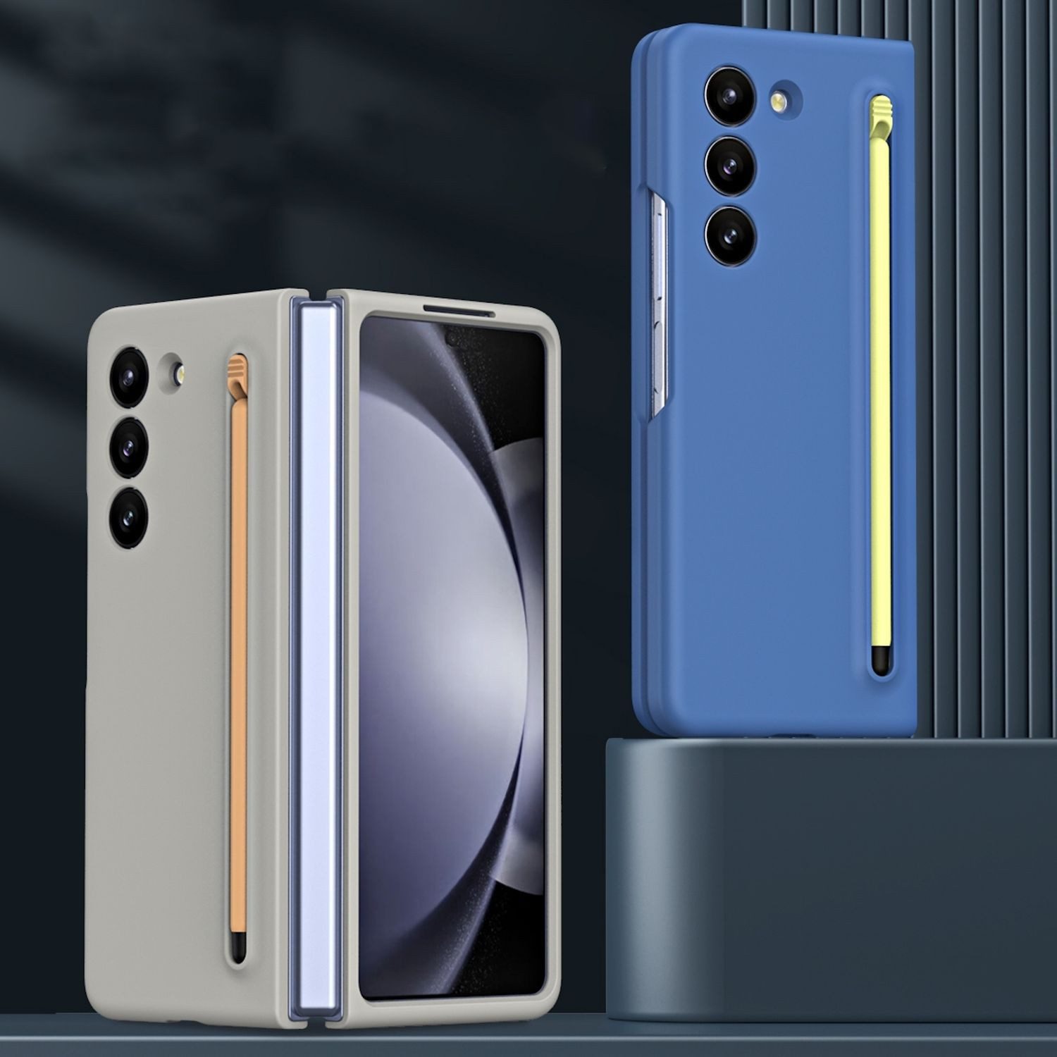 Wigento Handyhülle Für Samsung Galaxy Z Fold7 5G Skinfeel Hülle Stifthalterung Dunkelgrau, Skinfeel Schutzhülle mit Halterung für S-Pen und Stoßschutz