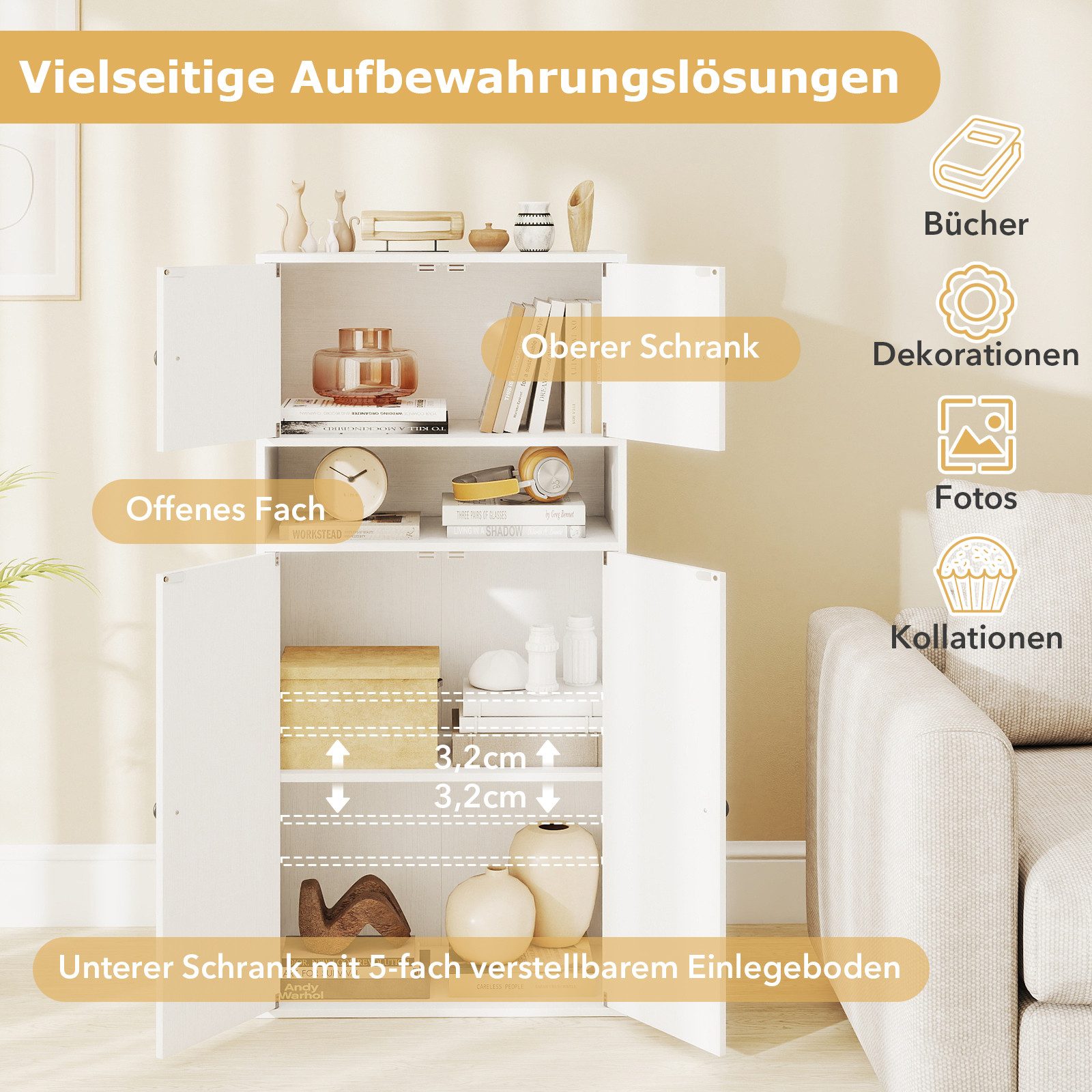 COSTWAY Bücherregal, Freistehender Vitrinenschrank mit 2 Anti-Kipp-Sicherungen