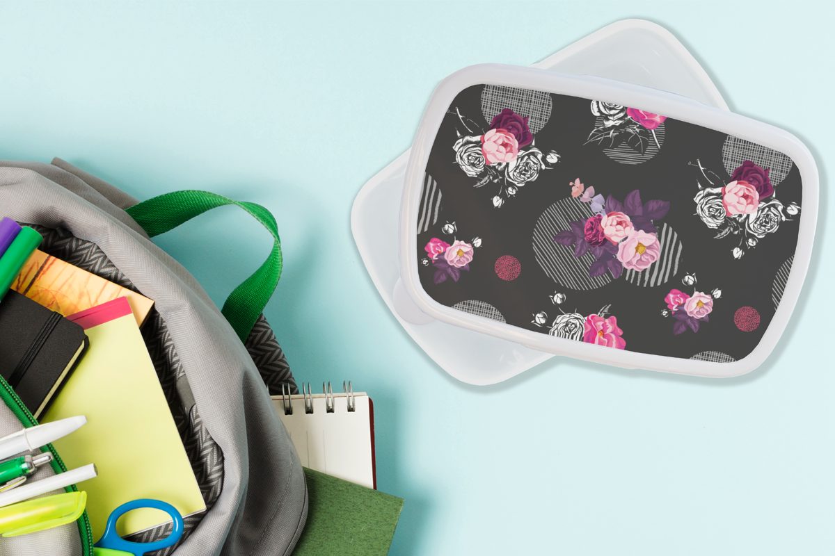 MuchoWow Lunchbox Muster, weiß Blumen (2-tlg), Brotdose, Erwachsene, Kinder Kunststoff, und - und Brotbox Jungs Mädchen für für - Rosen