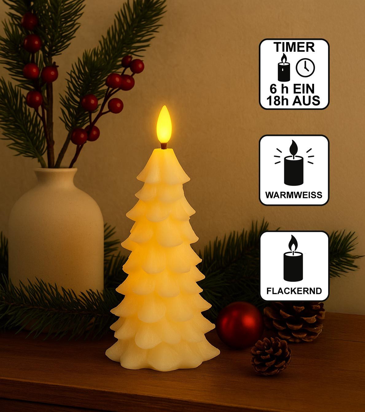 mucHome LED-Kerze LED Kerze Echtwachs flackerndem Licht Timer Engel oder Tannenbaum