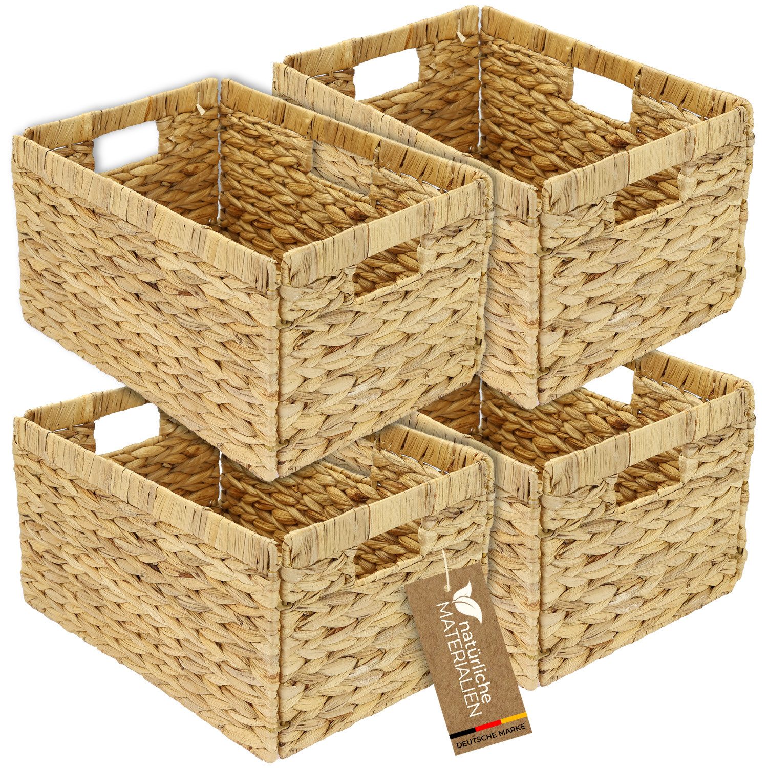 HMF Regalkorb Aufbewahrungskorb, Korb geflochten aus Wasserhyazinthe, Wasserhyazinthe mit drei Griffen, 4er Set, 35 x 25 x 20 cm, Natur