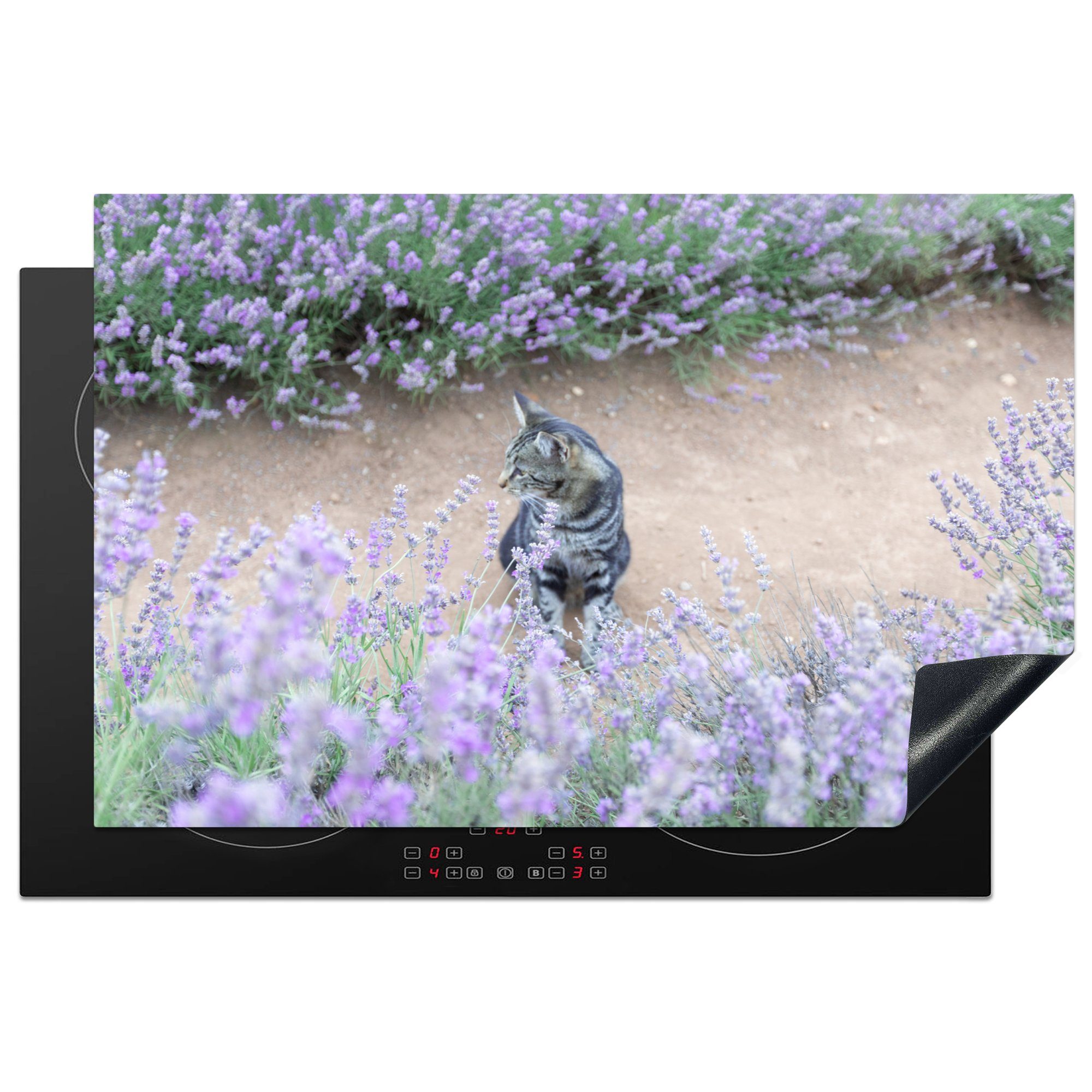 Katze Schutz Lavendel tlg), für Strauch, Ceranfeldabdeckung MuchoWow die - Induktionskochfeld Blumen küche, - 81x52 cm, (1 Herdblende-/Abdeckplatte - Vinyl,