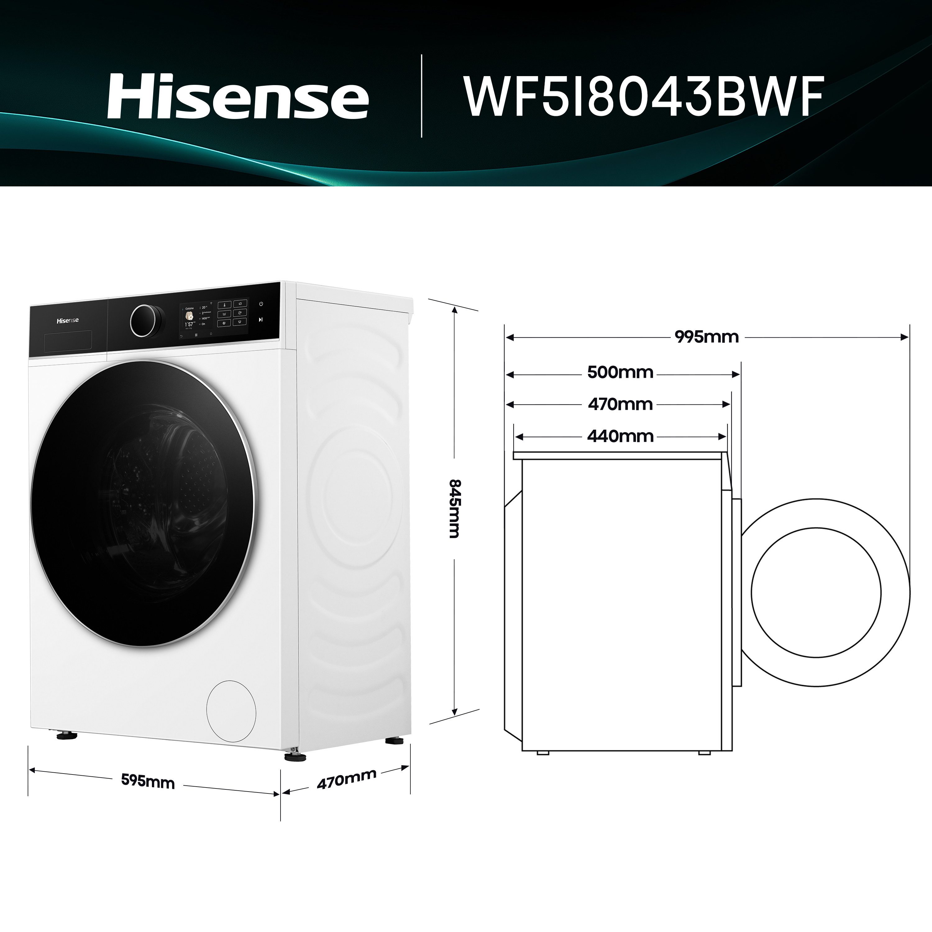 Hisense Waschmaschine WF5I8043BWF, 8 kg, 1400 U/min, Hygiene Steam