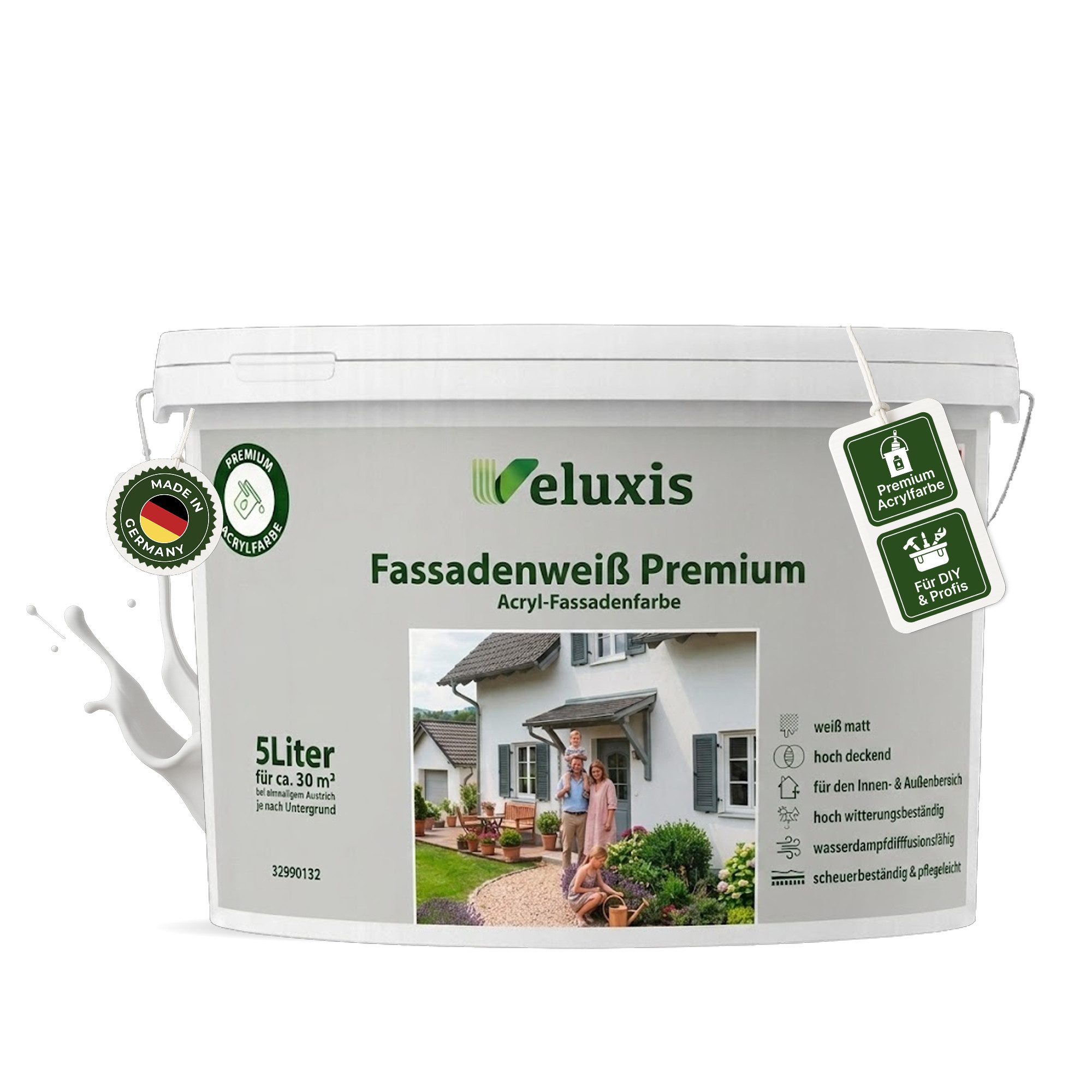 Veluxis Fassadenfarbe Veluxis® Fassadenfarbe Weiß Premium, hochdeckend, wetterbeständig, diffusionsoffen, für den Außenbereich
