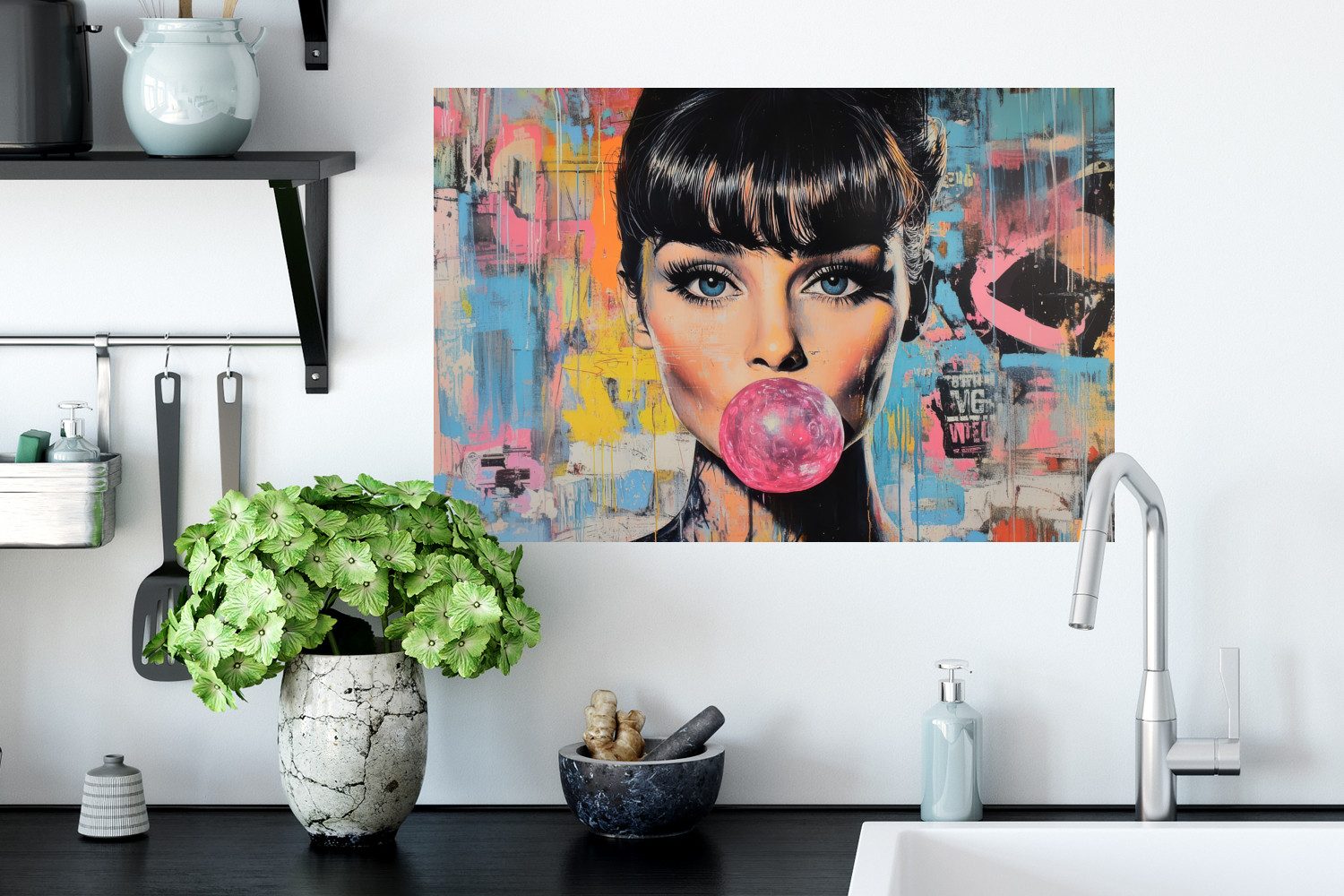 MuchoWow Wandsticker Kaugummi - Frau - Pinselstriche - Modern (1 St), Wandtattoo, Selbstklebend, Wohnzimmer, 60x40 cm