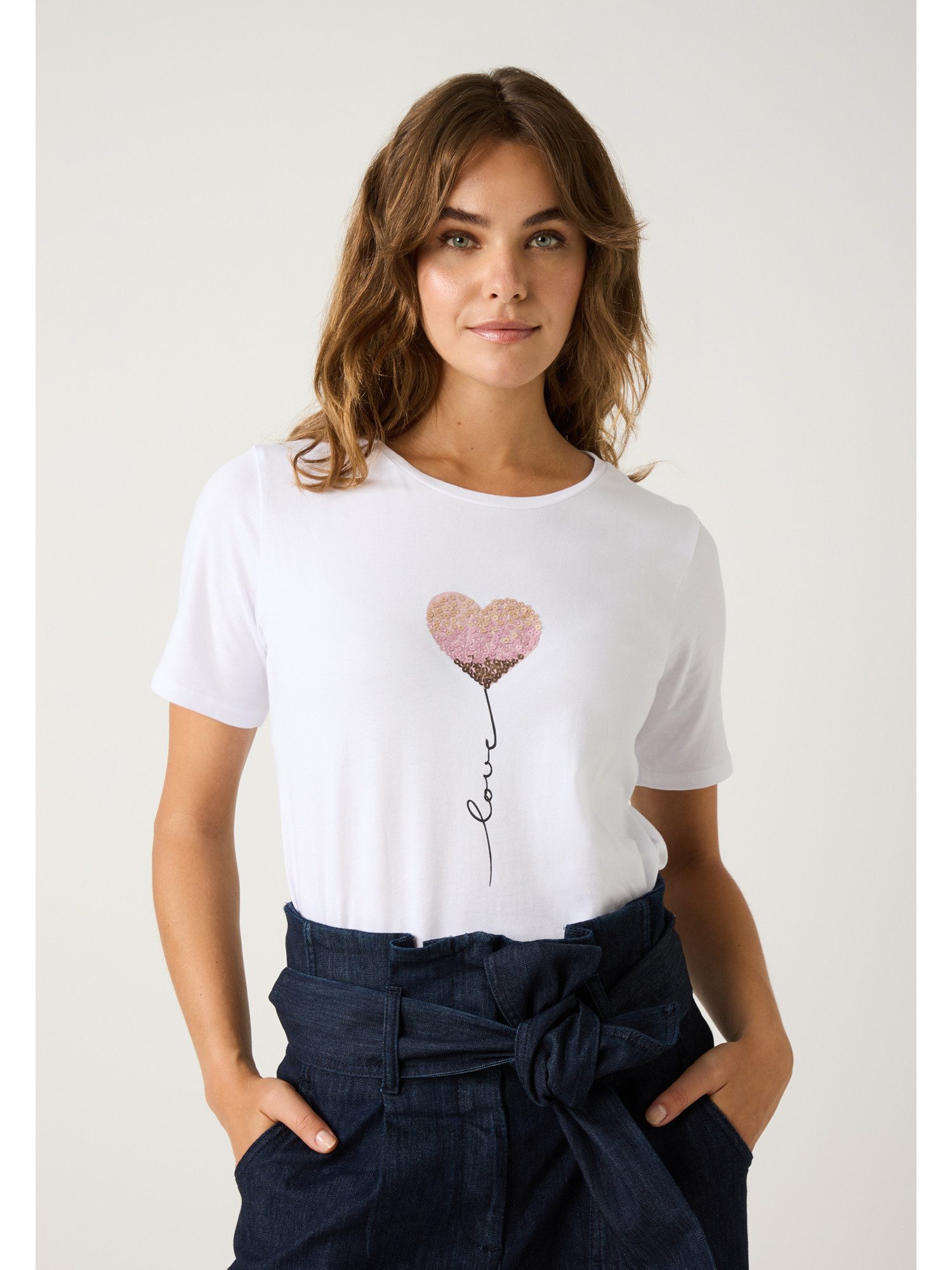 MORE&MORE Kurzarmshirt T-Shirt mit Pailletten-Herz günstig online kaufen