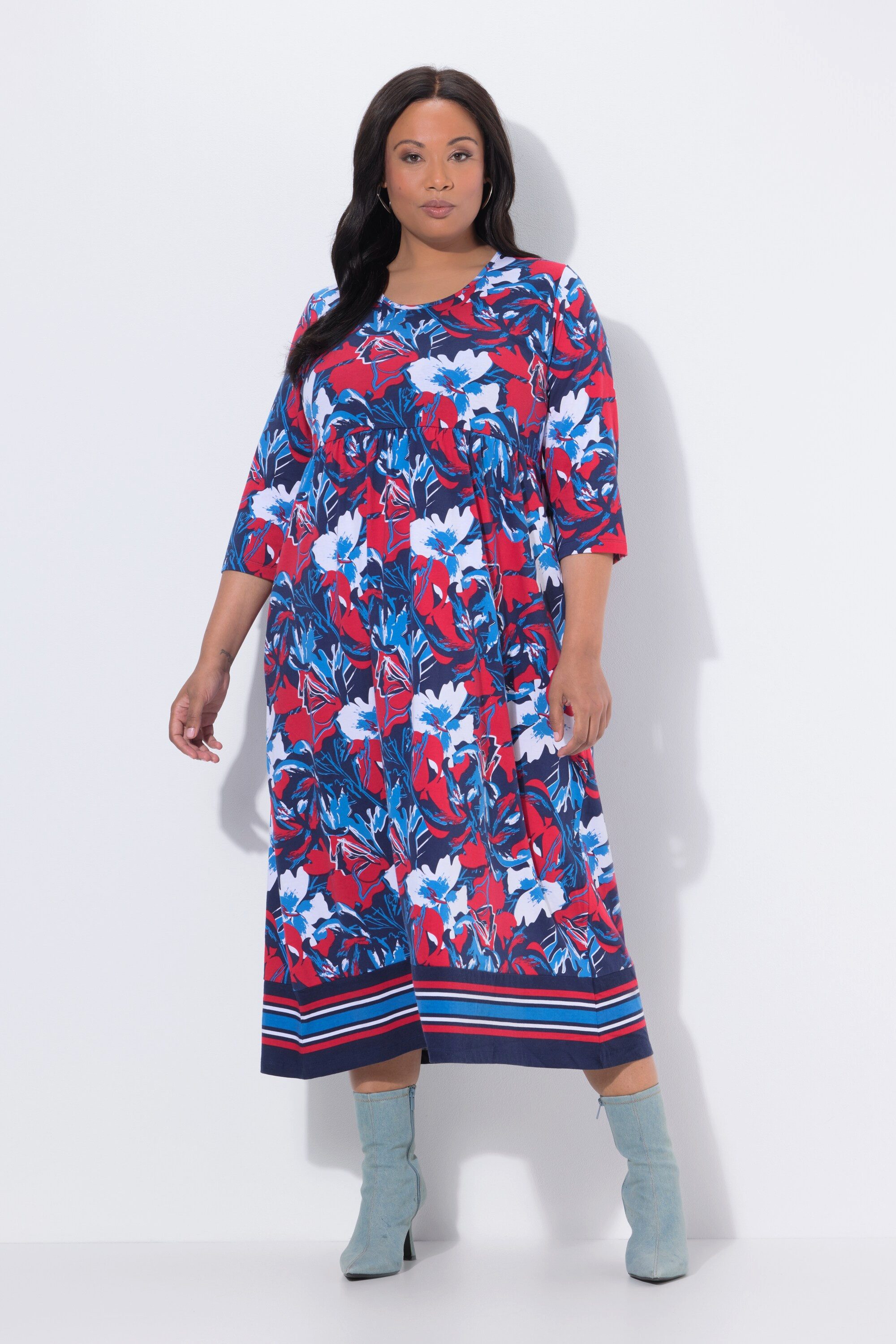 Ulla Popken Maxikleid Jersey-Maxikleid A-Linie Rundhals 3/4-Arm Taschen
