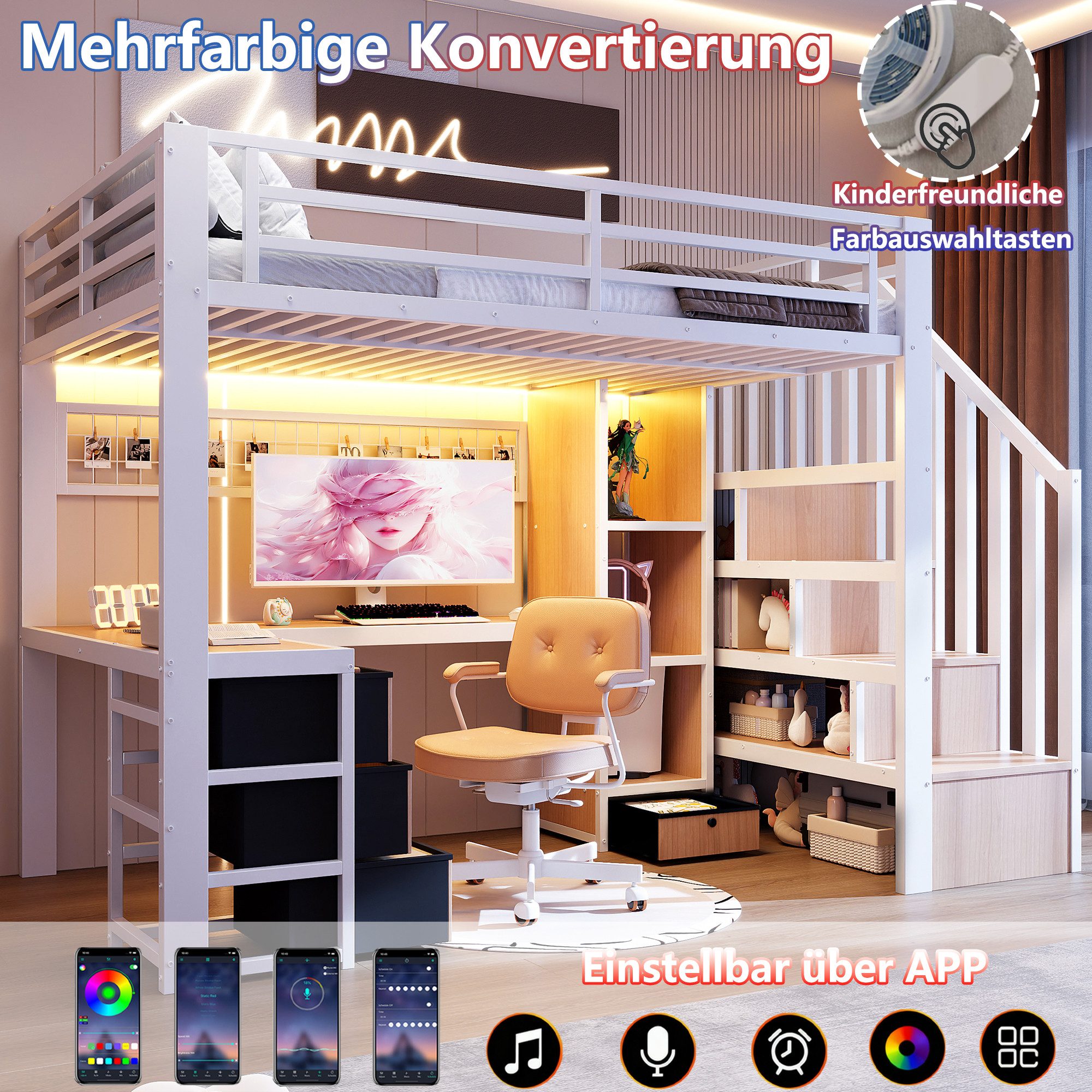 MODFU Hochbett Jugendbett mit 4 Schubladen, Ablagefach, Schreibtisch (Funktionsbett Metallbett mit Stauraumtreppe und LED-Lichtleiste, Stauraumbett 90x200 cm) Inklusive Matratze