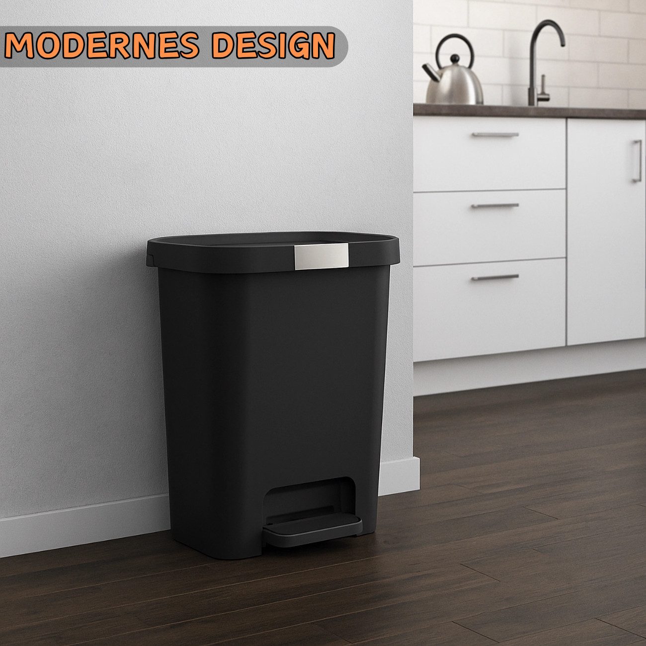 Engelland Mülleimer Abfalleimer mit Deckel und Pedal, 25 L, Treteimer, Soft-Close, verschließbarer Deckel, rutschfeste Füße