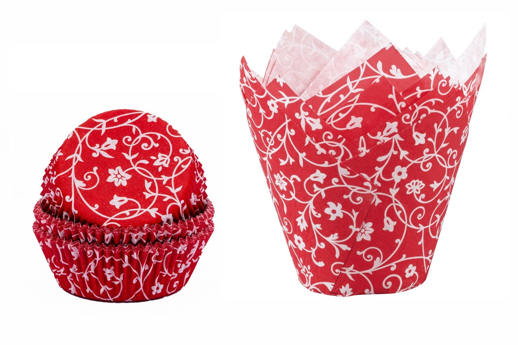 Demmler Muffinform Rot mit weißem Muster, Papier Backform Set mit Muffinförmchen & Tulip-Wraps - Made in Germany