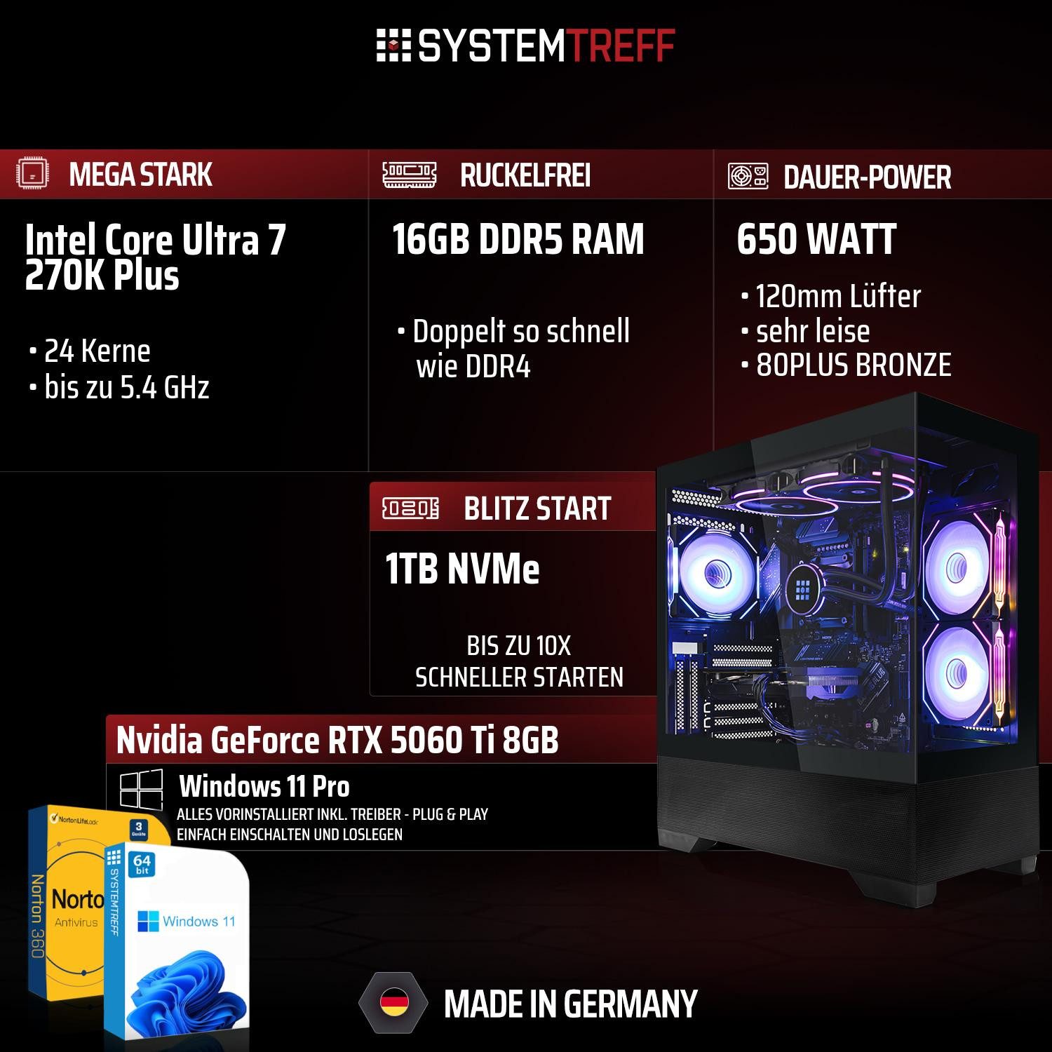 SYSTEMTREFF Intel Core Ultra 7 270K Plus mit Nvidia GeForce RTX 5060 Ti 8GB Gaming-PC (Intel 270K 270K, Nvidia GeForce RTX 5060 Ti, 16 GB RAM, 1000 GB SSD, Wasserkühlung)
