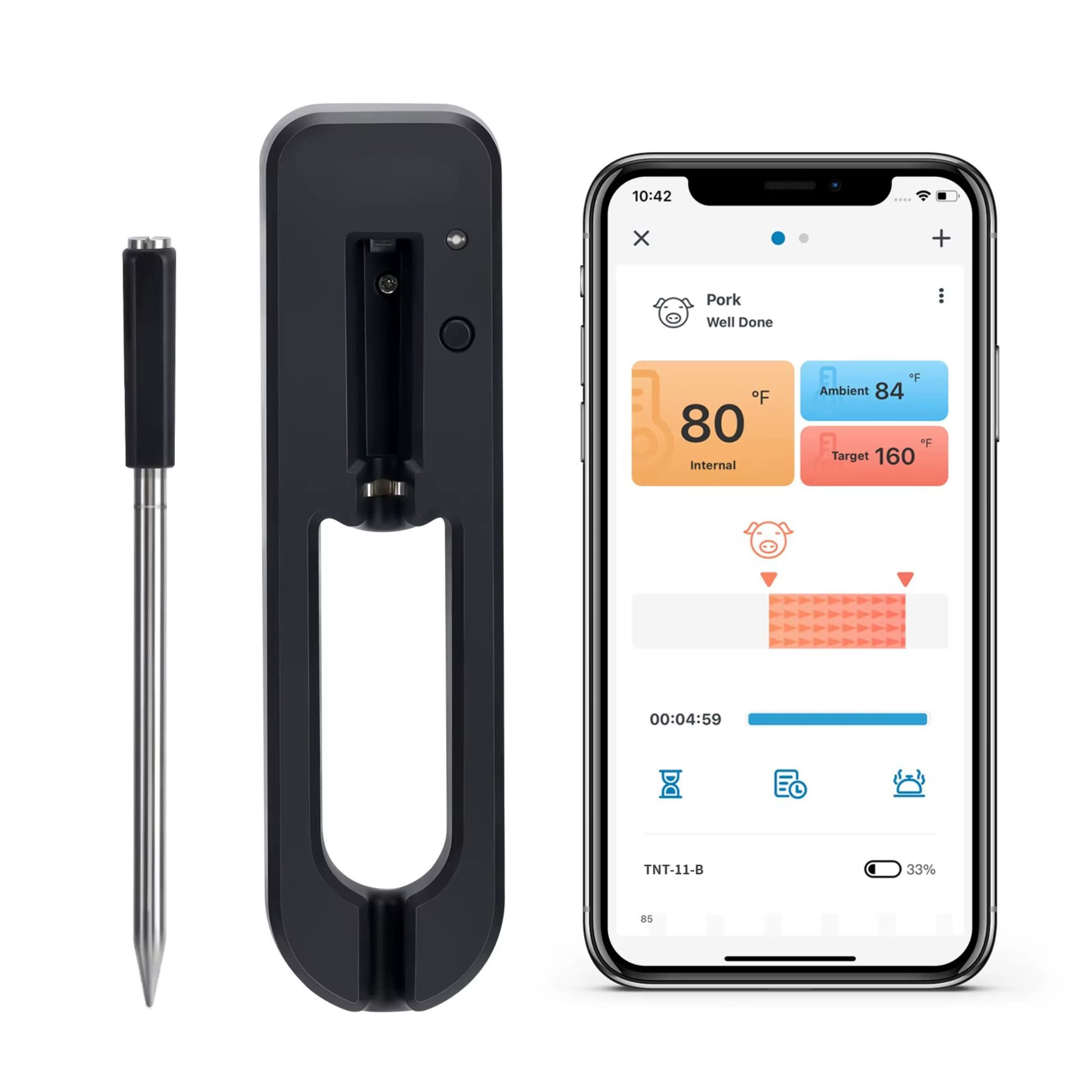 Athlix Grillthermometer Fleischthermometer Grill Thermometer Kabellos mit App, Bluetooth-Fleischthermometer, Zwei integrierte Sensoren