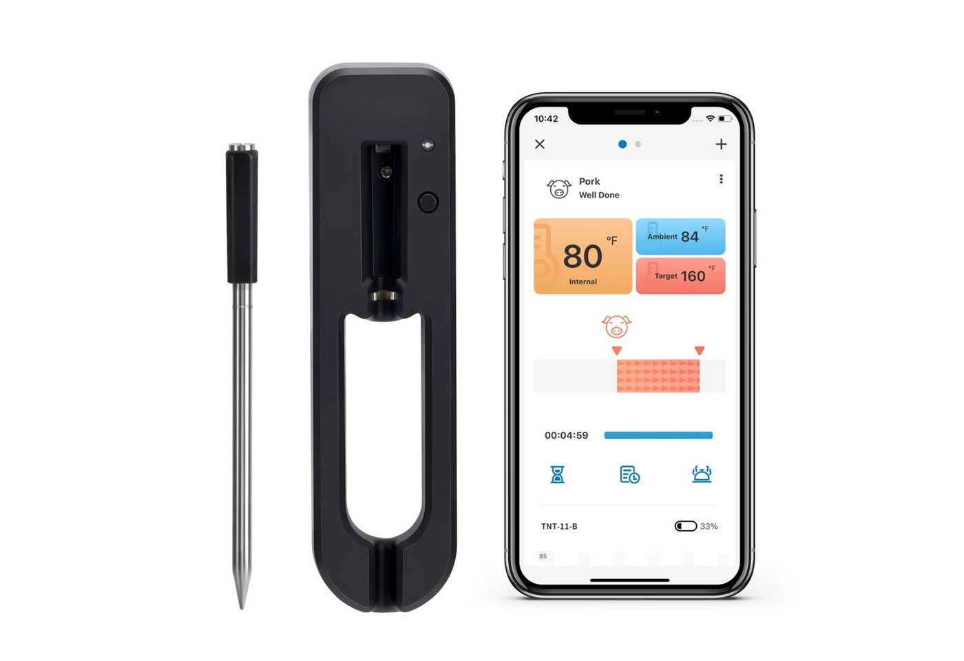 Athlix Grillthermometer Fleischthermometer Grill Thermometer Kabellos mit App, Bluetooth-Fleischthermometer, Zwei integrierte Sensoren