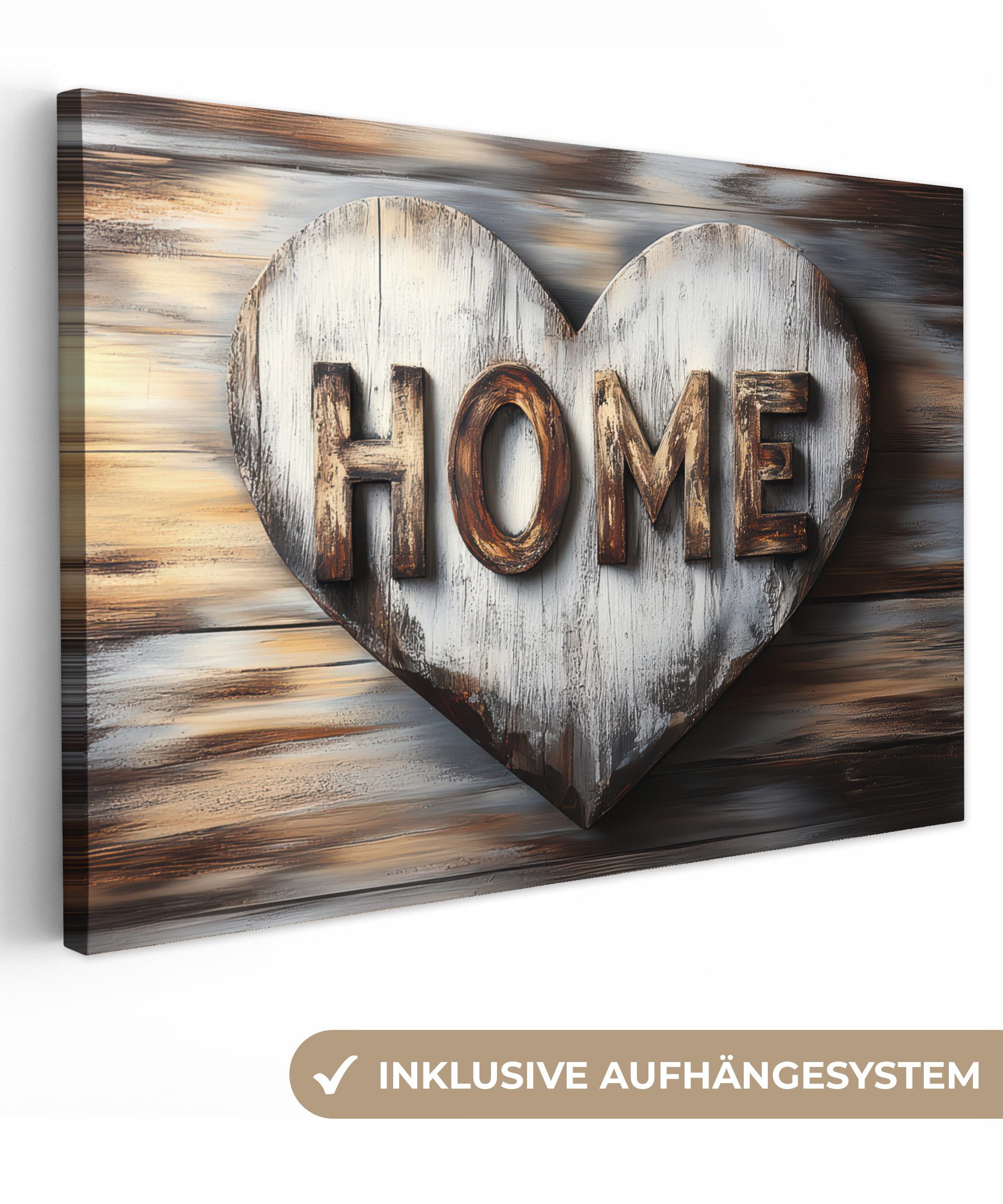 OneMillionCanvasses® Leinwandbild Zuhause - Herz - Holzoptik - Liebe, Fotod günstig online kaufen
