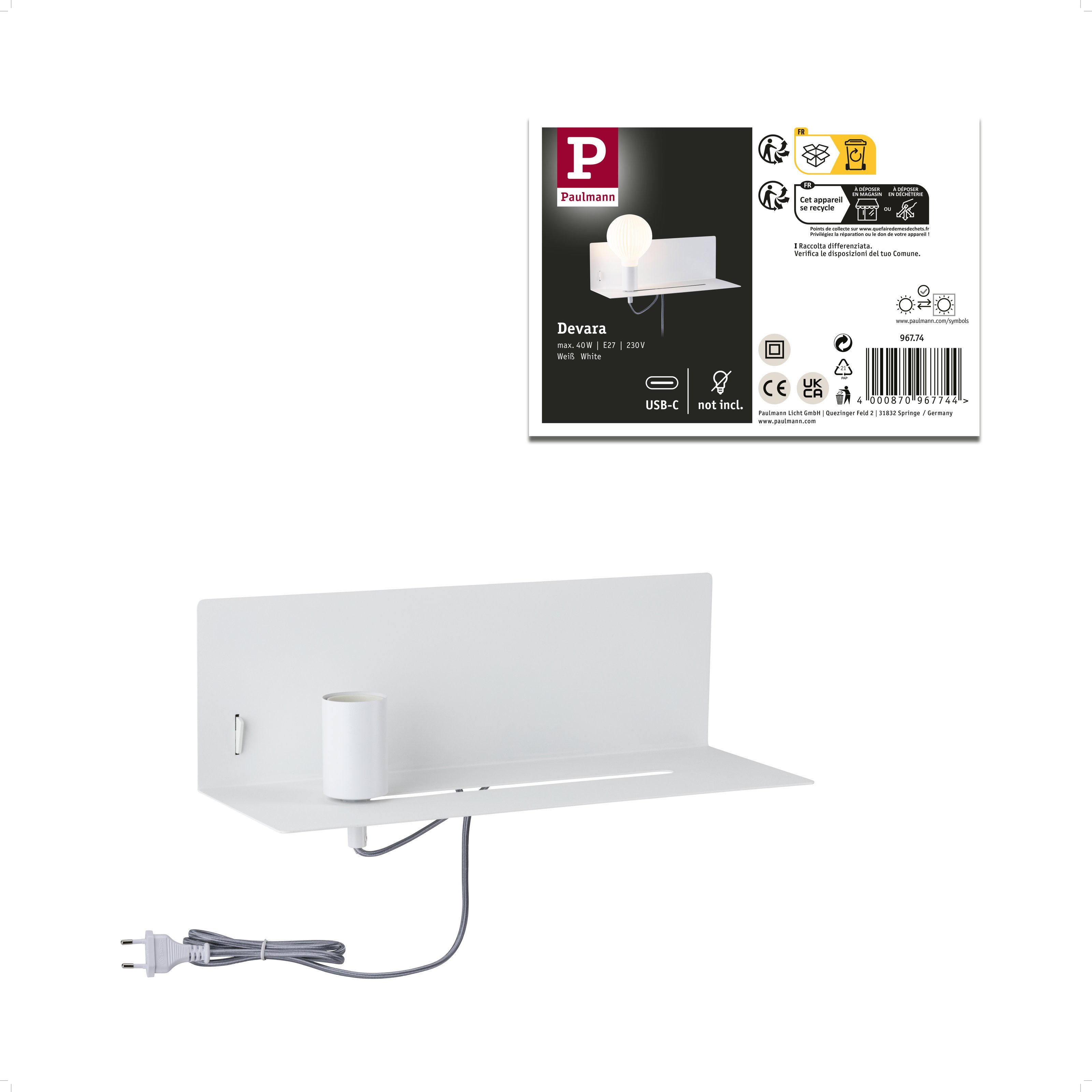 Paulmann LED Wandleuchte Wandleuchte Devara USB C E27 3000K 400lm 230V 4,3W dimmbar Weiß matt