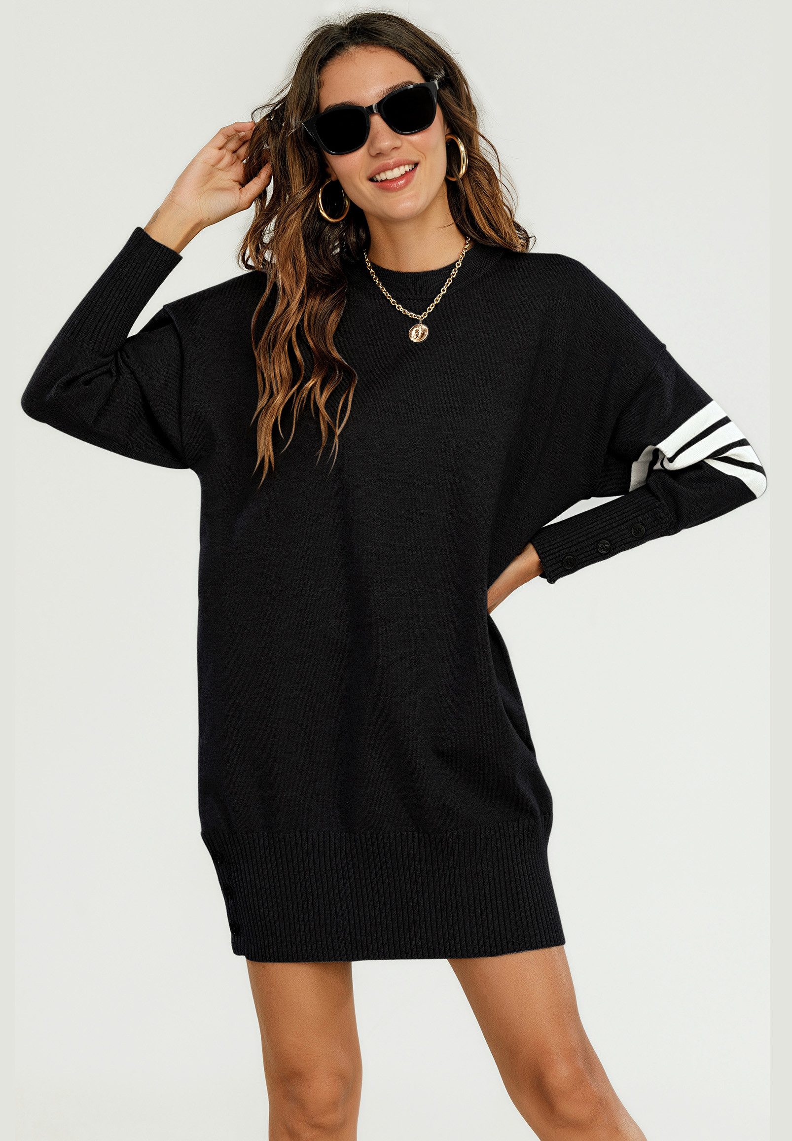 FS Collection Strickkleid Damen Gestricktes Tunika Pulloverkleid Strickkleider Longpullover (Einheitsgröße: UK 8–16 / EU 36–44, 5 Farben : Grau, Schwarz, Navy, Dunkelgrün und Olivgrün) 56 % Viskose, 26 % Polyester und 18 % Wolle