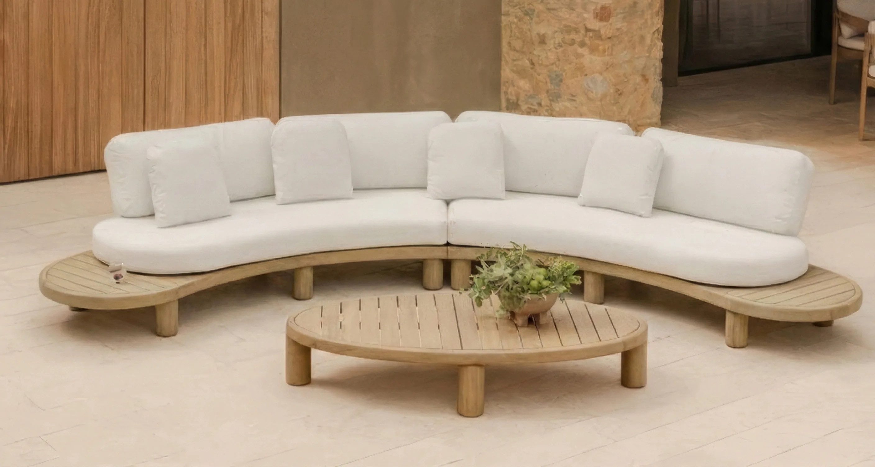 Bjorkka Gartenlounge-Set "LUMIA CAFFE" Massives Akazienholz, Olefin-Polster, Tisch, Low-Profile, Skandinavisches Design, Bequem, Gartenmöbel-Set