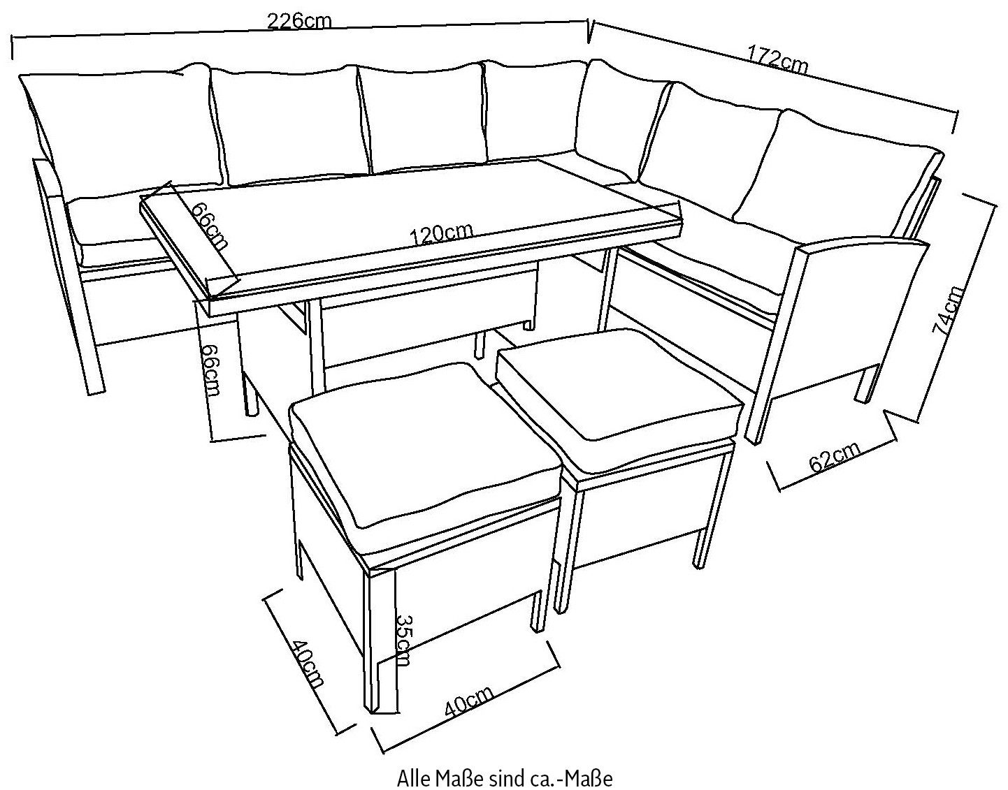 KONIFERA Gartenlounge-Set Manhatten, Gartenmöbel Set, (Set, 18-tlg., Ecklounge, Tisch 66x120x74 cm, 2 Hocker, inkl. Auflagen), Stahl/Polyrattan