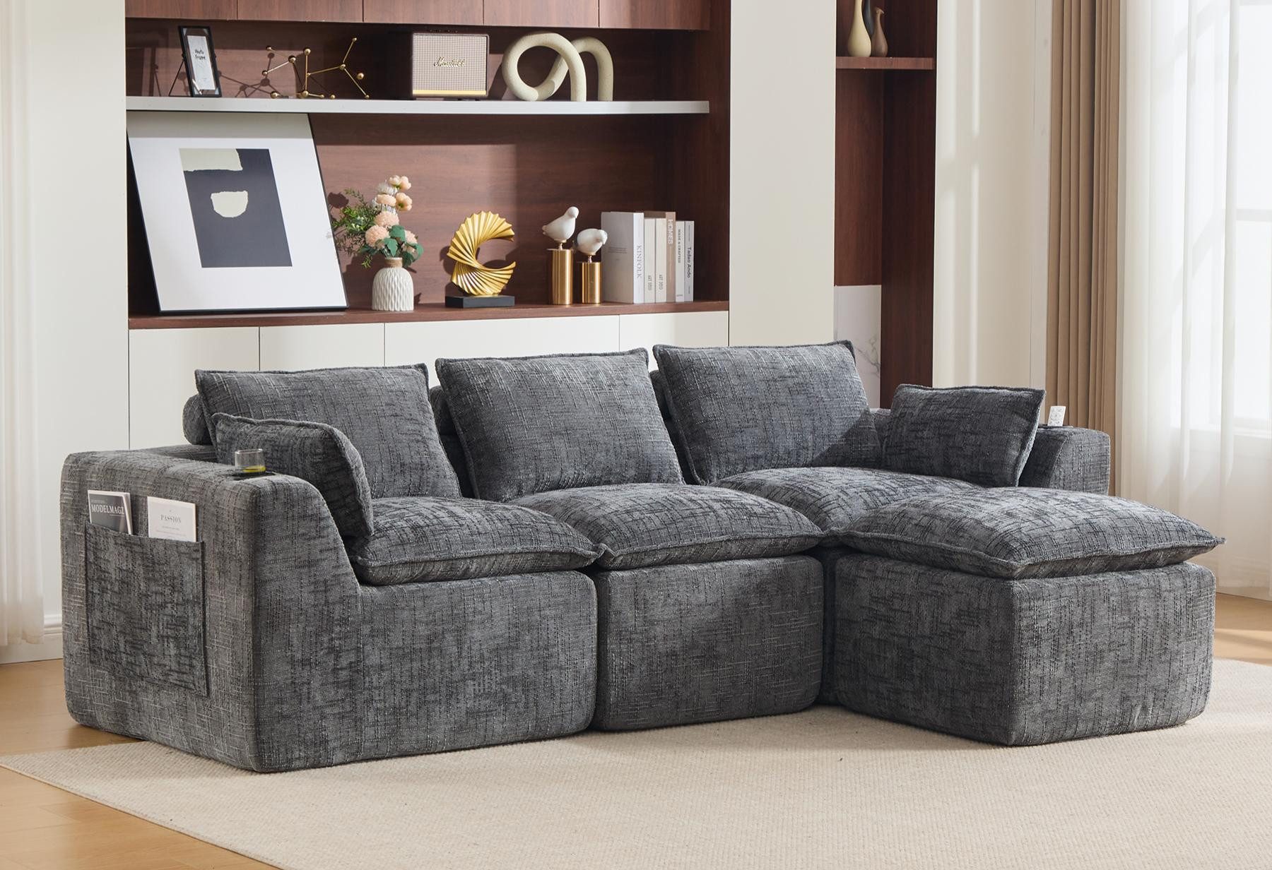 LVHOM Loungesofa Modulares Schlafsofa, Cord/Chenille, Getränkehaltern & Seitentaschen, 3-/4-Sitzer mit Hocker,große Kissen, kleine Kissen 9 Teile, Wohn-/Gästezimmer als Chaiselongue, Gästebett, Liegebereich, Spielbereich