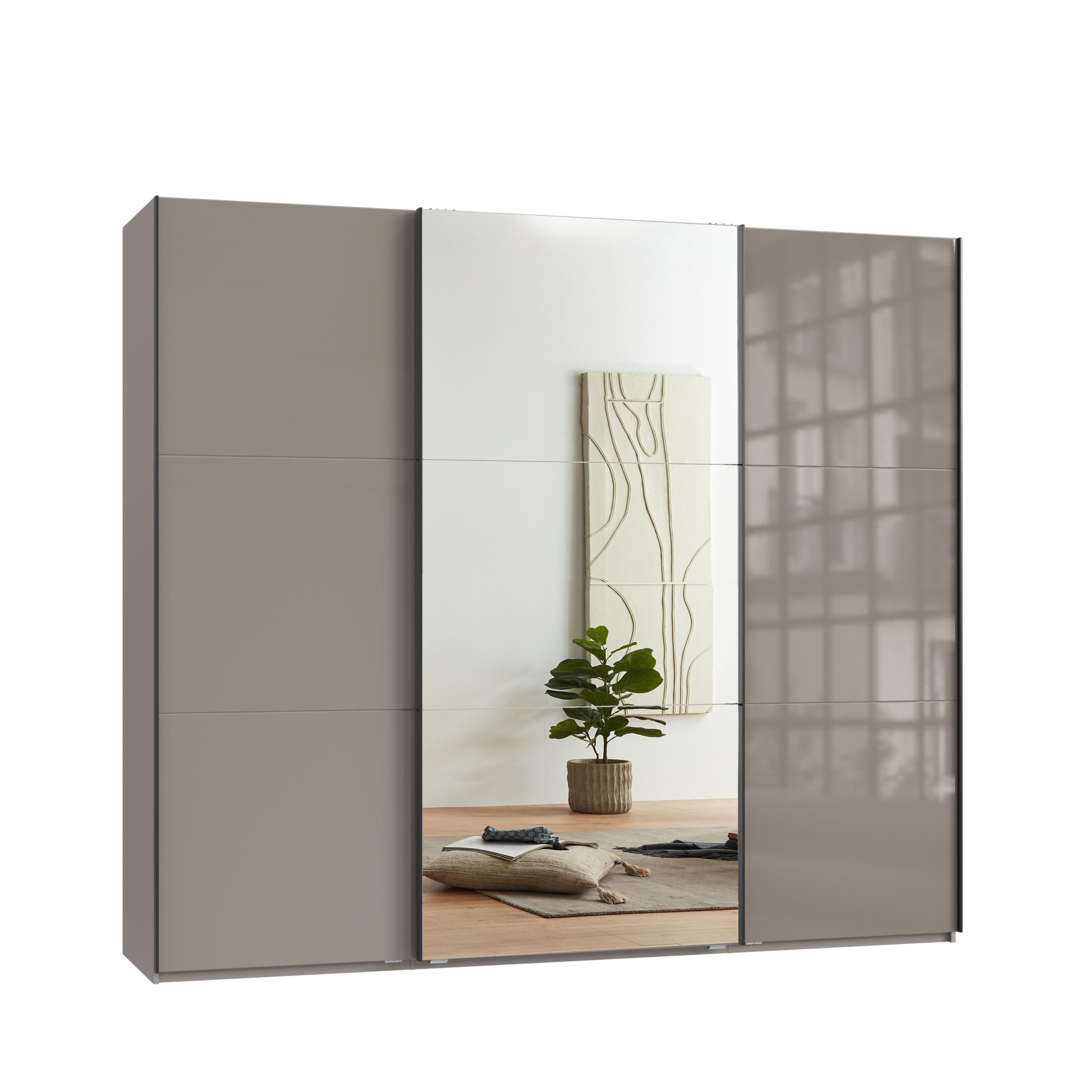 luma-home Schwebetürenschrank 22034 (3-türiger Kleiderschrank B250/H216/T65 cm mit Vollausstattung als optimale Stauraumlösung) Sandgrau mit Glasfront, Spiegeltür und schwarzen Griffleisten     