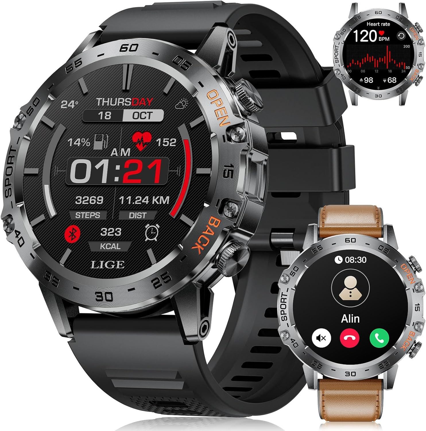 Lige FV10-E Smartwatch (3,6 cm, android ios), Herren Smartwatch mit AMOLED Display Bluetooth und Fitnessfunktionen