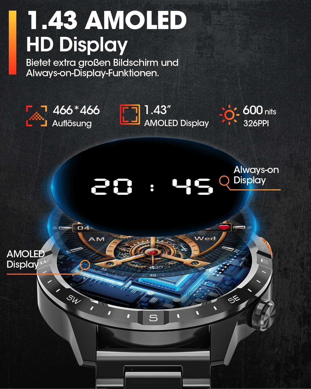 Zevelora Herren's Telefonfunktion Fitness-Tracker Uhr mit Anruffunktion Smartwatch (Fitnessuhr mit Telefonfunktion AMOLED-Display mit 466*466 Pixel, 450mAh, 120+ Sportmodi, IP68 Wasserdicht/Blutsauerstoff/Aktivitätstracker für Android/iOS, Smartwatch Fitness Tracker Uhr, IP68 Wasserdicht, Uhren Watch für Android IOS, Fitnessuhr Tracker mit Pulsmesser Schrittzähler Schlafmonitor Aktivitätstracker cm/1,43 Zoll, Android/iOS), mit austauschbarem weichem Silikonarmband, mit 70+ Sportmodi Herzfrequenz, SpO2 Schlafmonitor Vatertagsgeschenk